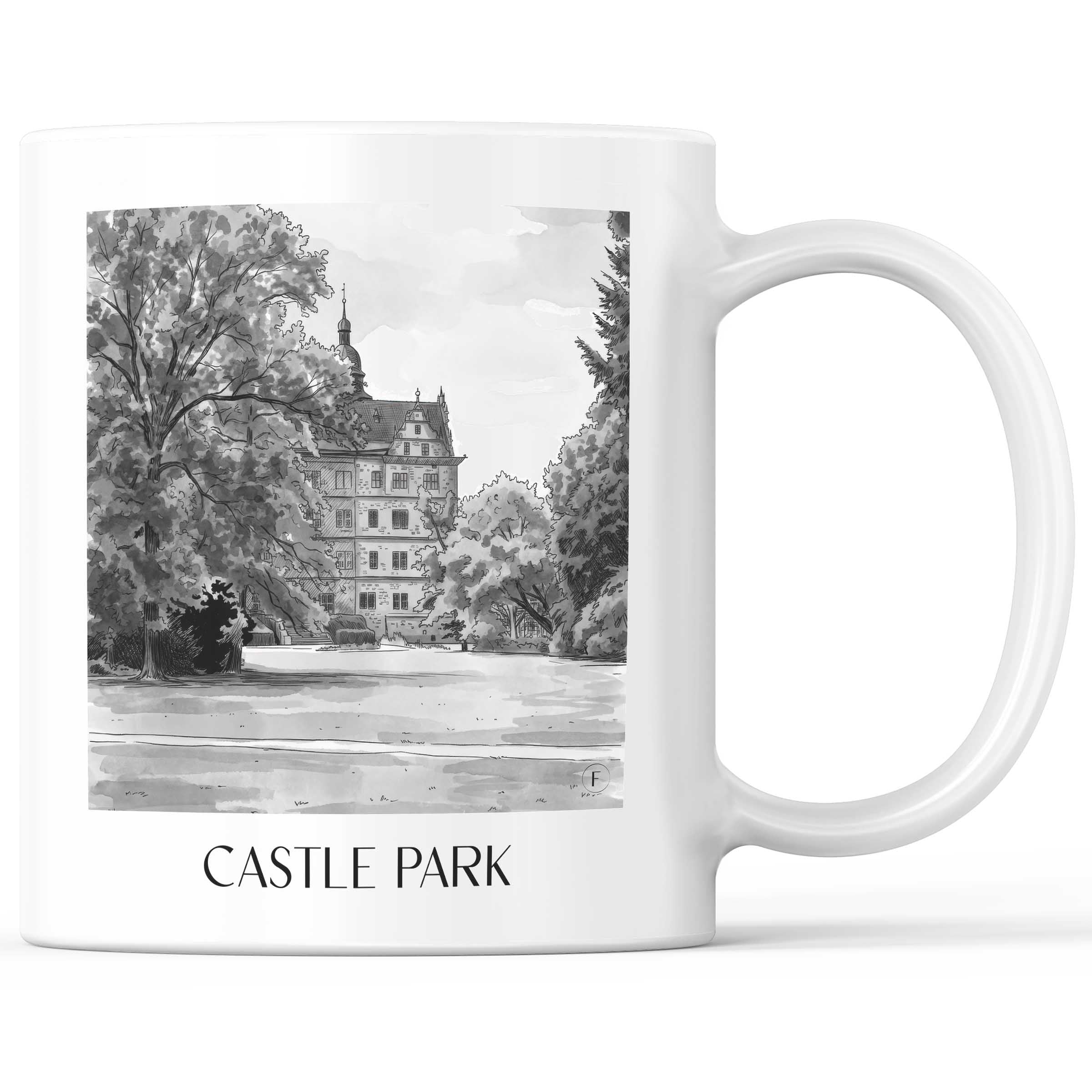 Schlosspark Kaffeebecher - Wolfsburg - Deutschland Becher - Kaffeetasse im Aquarell Schwarz-Weiß Stil