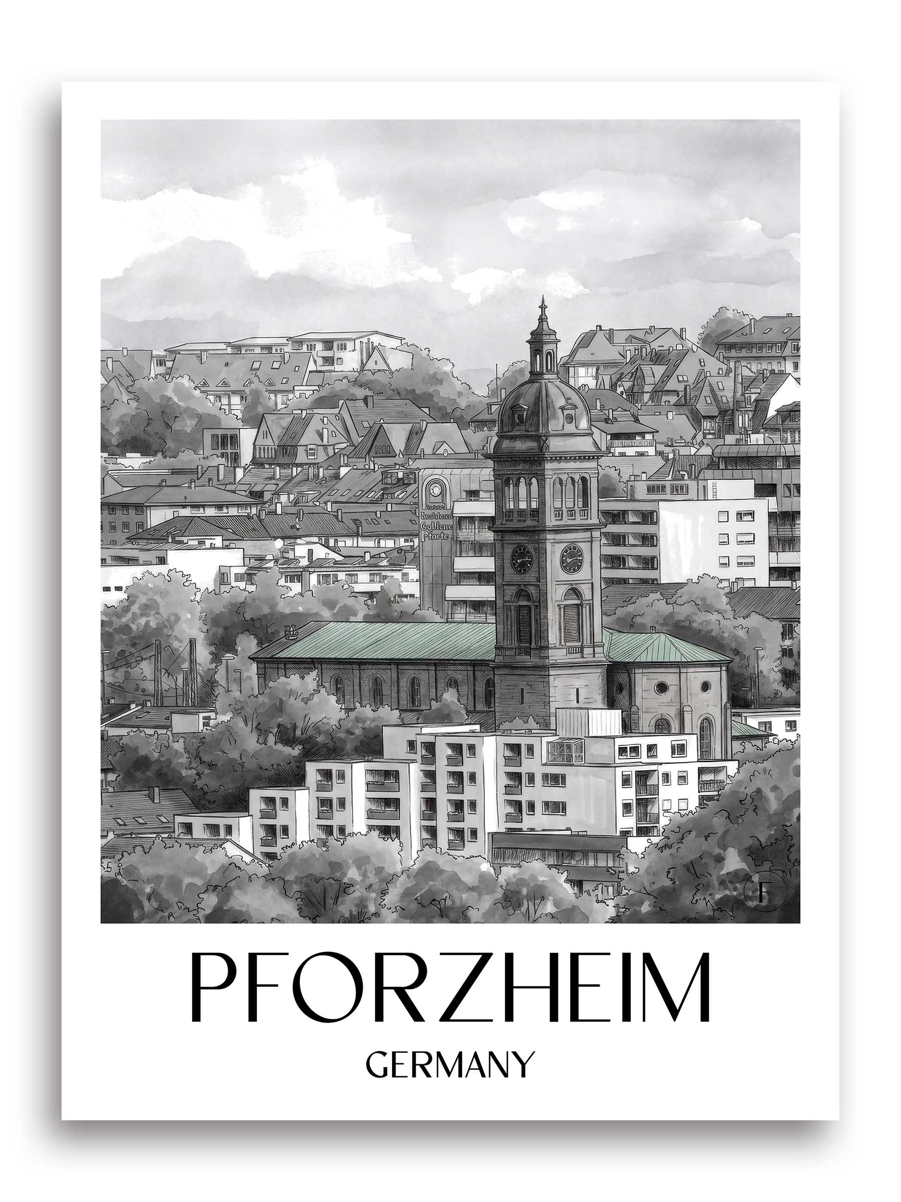 Pforzheim Poster - Baden-Württemberg - Deutschland Kunstdruck - Aquarell Schwarz-Weiß von A4 bis A1