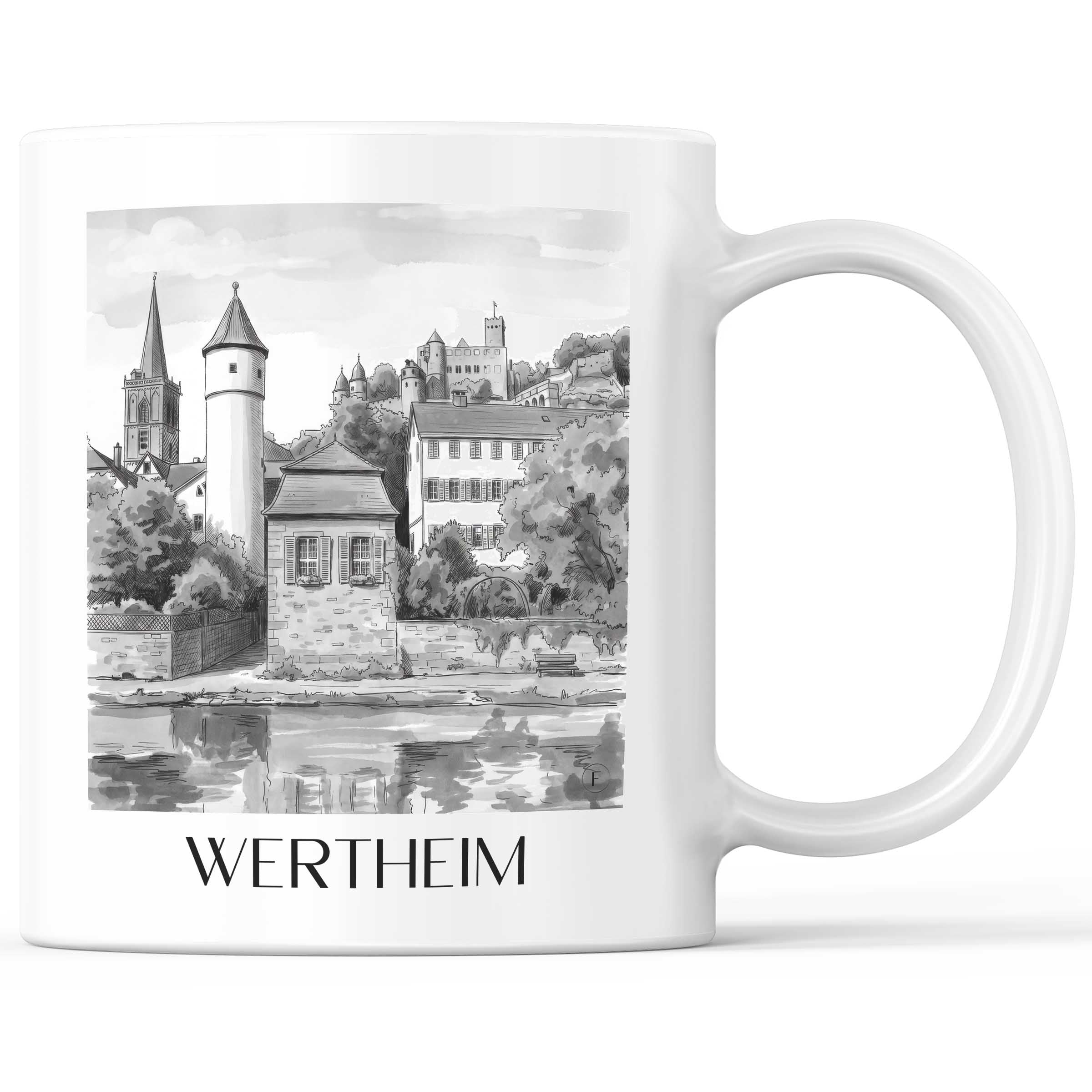 wertheim-main-tauber-tal-deutschland-kaffeebecher-aquarell-schwarz-weiss