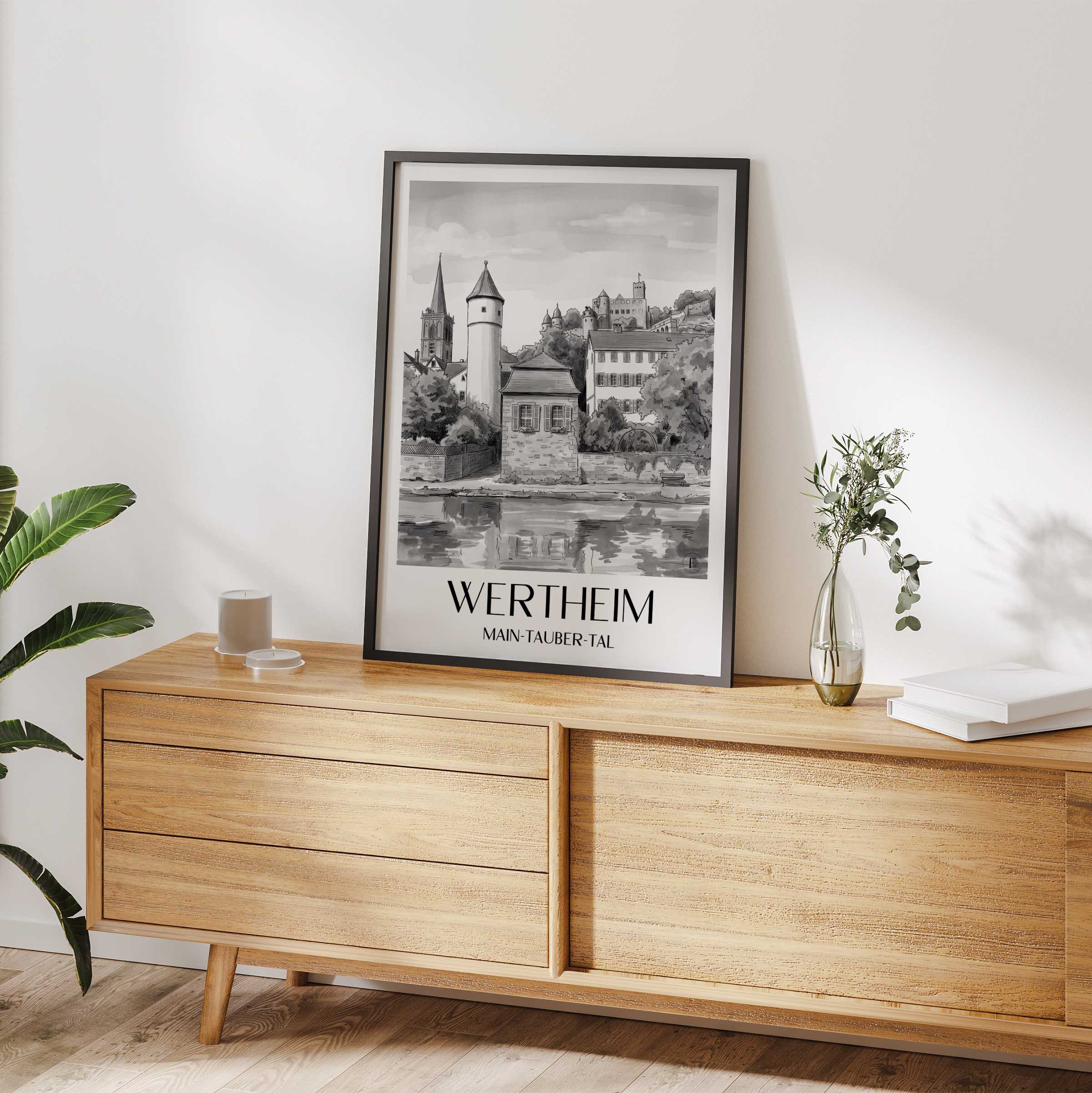 wertheim-main-tauber-tal-deutschland-poster-aquarell-schwarz-weiss