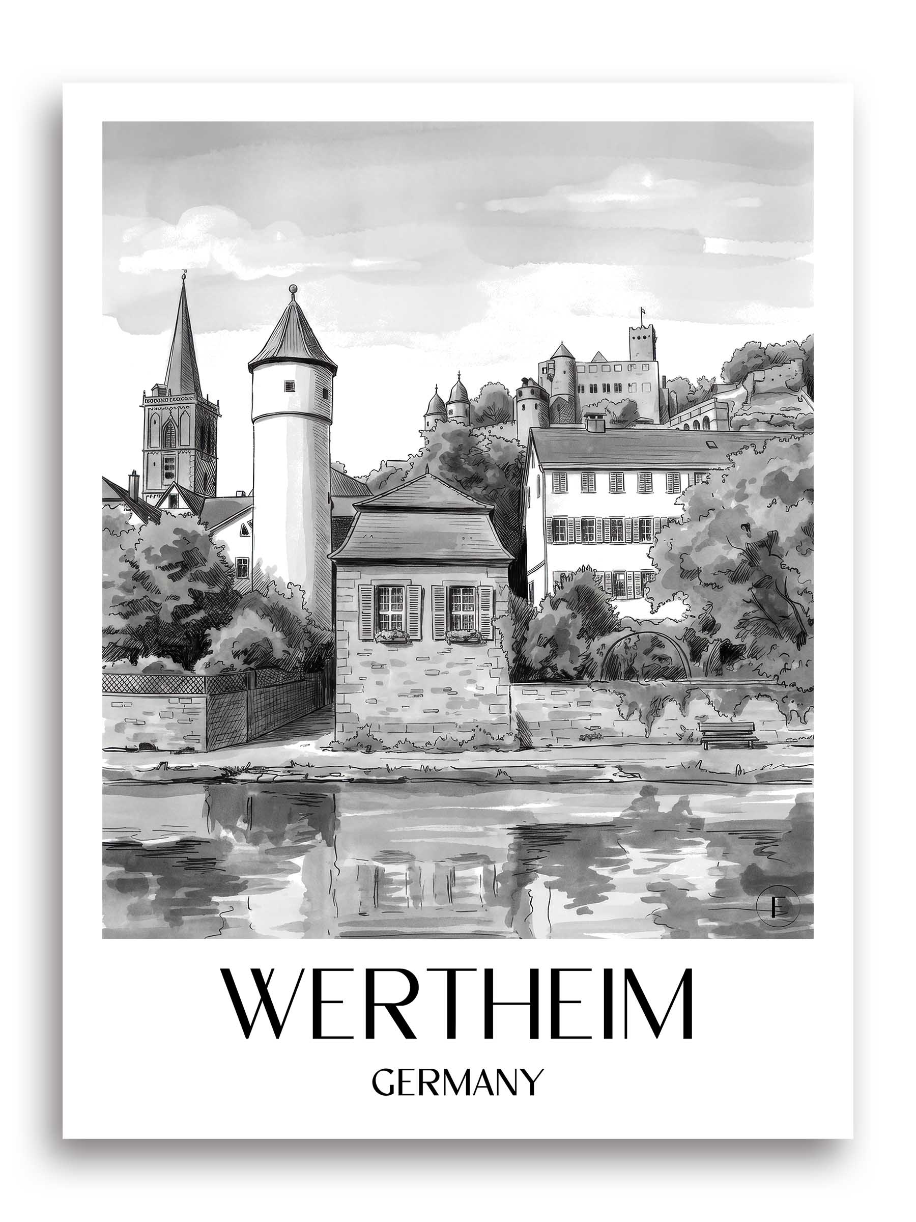 Wertheim Poster - Main-Tauber-Tal - Deutschland Kunstdruck - Aquarell Schwarz-Weiß von A4 bis A1