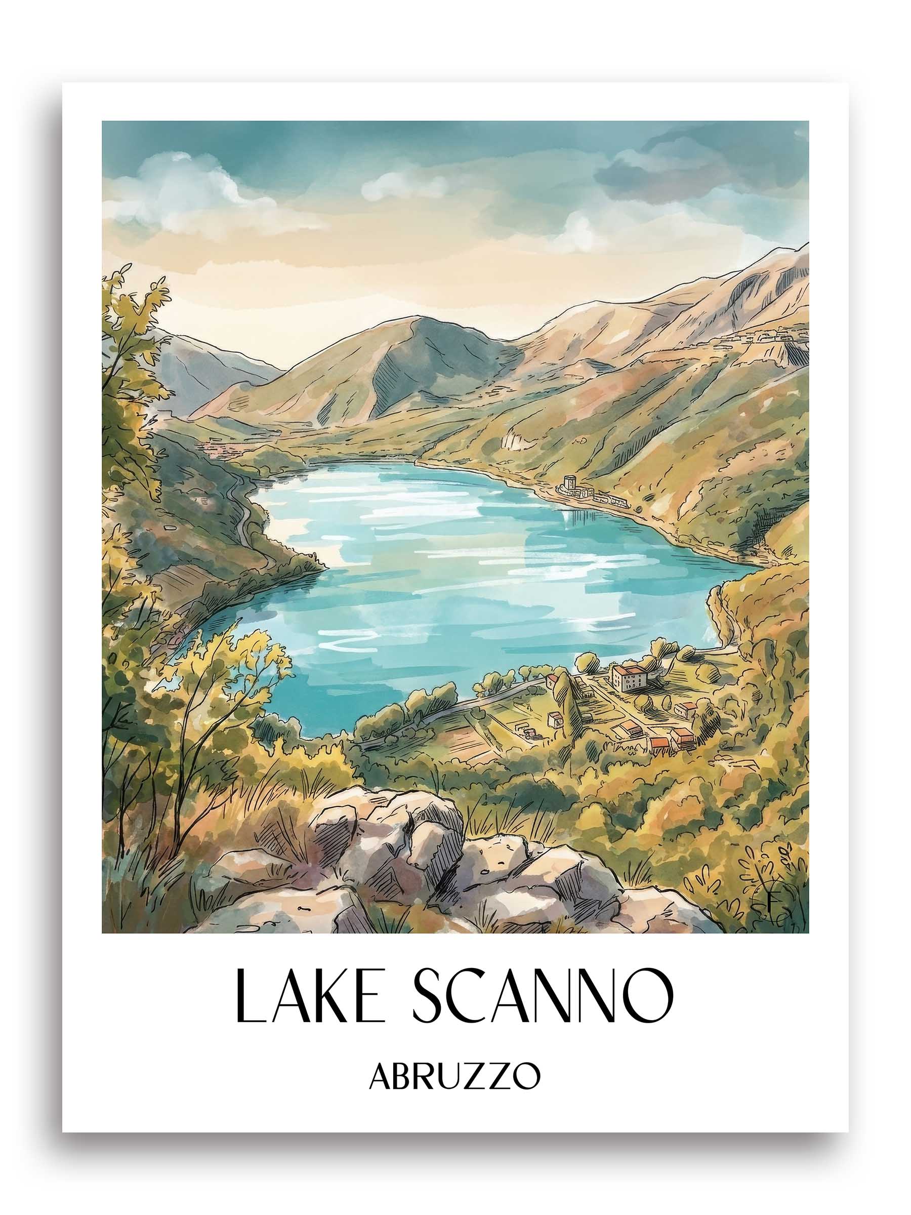 Lago di Scanno Poster - Abruzzen - Italien Kunstdruck - Aquarell von A4 bis A1