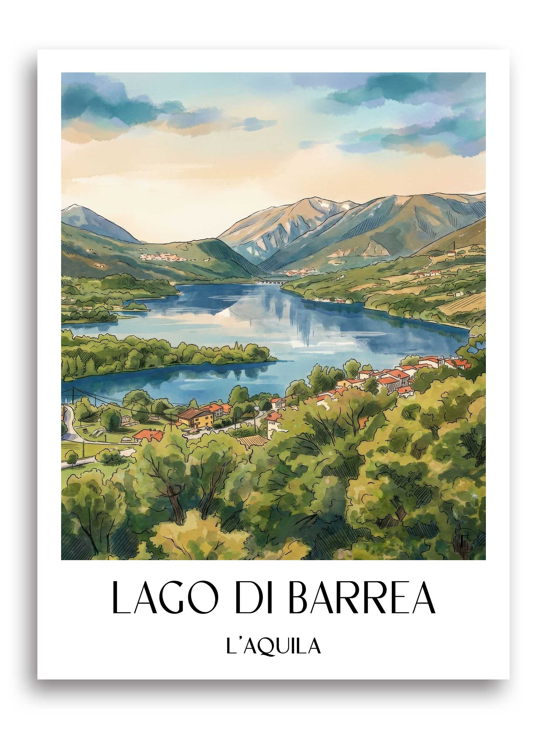 Lago di Barrea Poster - L´Aquila - Italien Kunstdruck - Aquarell von A4 bis A1