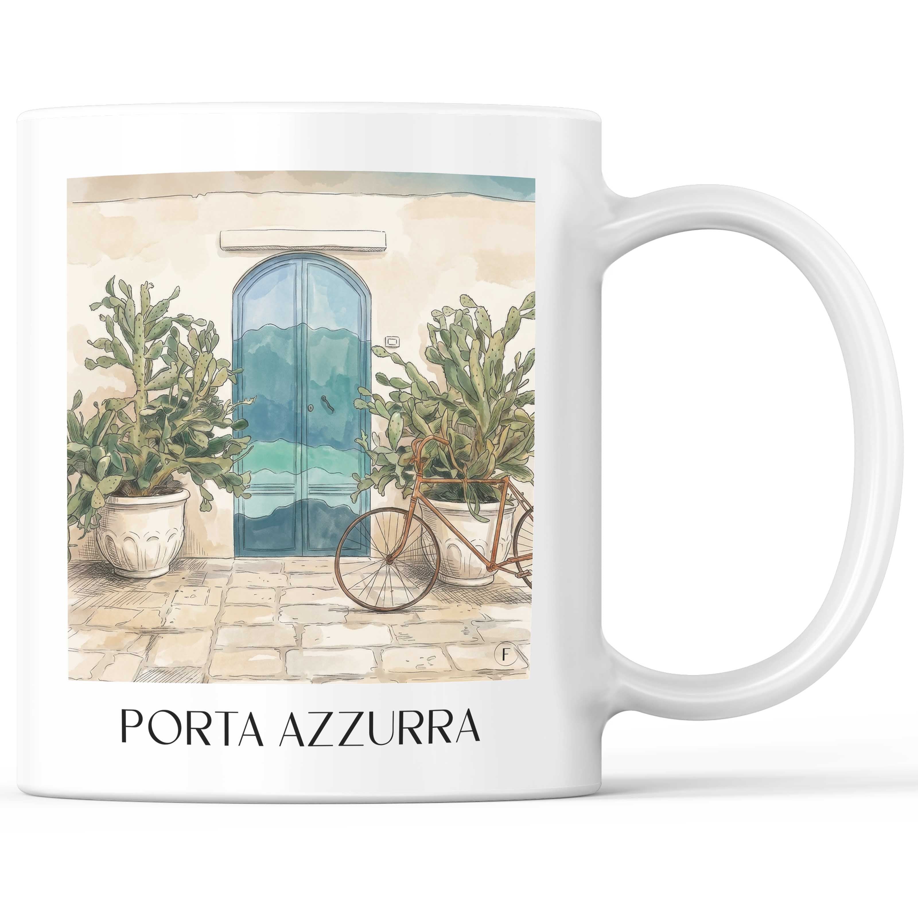 Porta Azzurra Kaffeebecher - Ostuni - Italien Becher - Kaffeetasse im Aquarell Stil