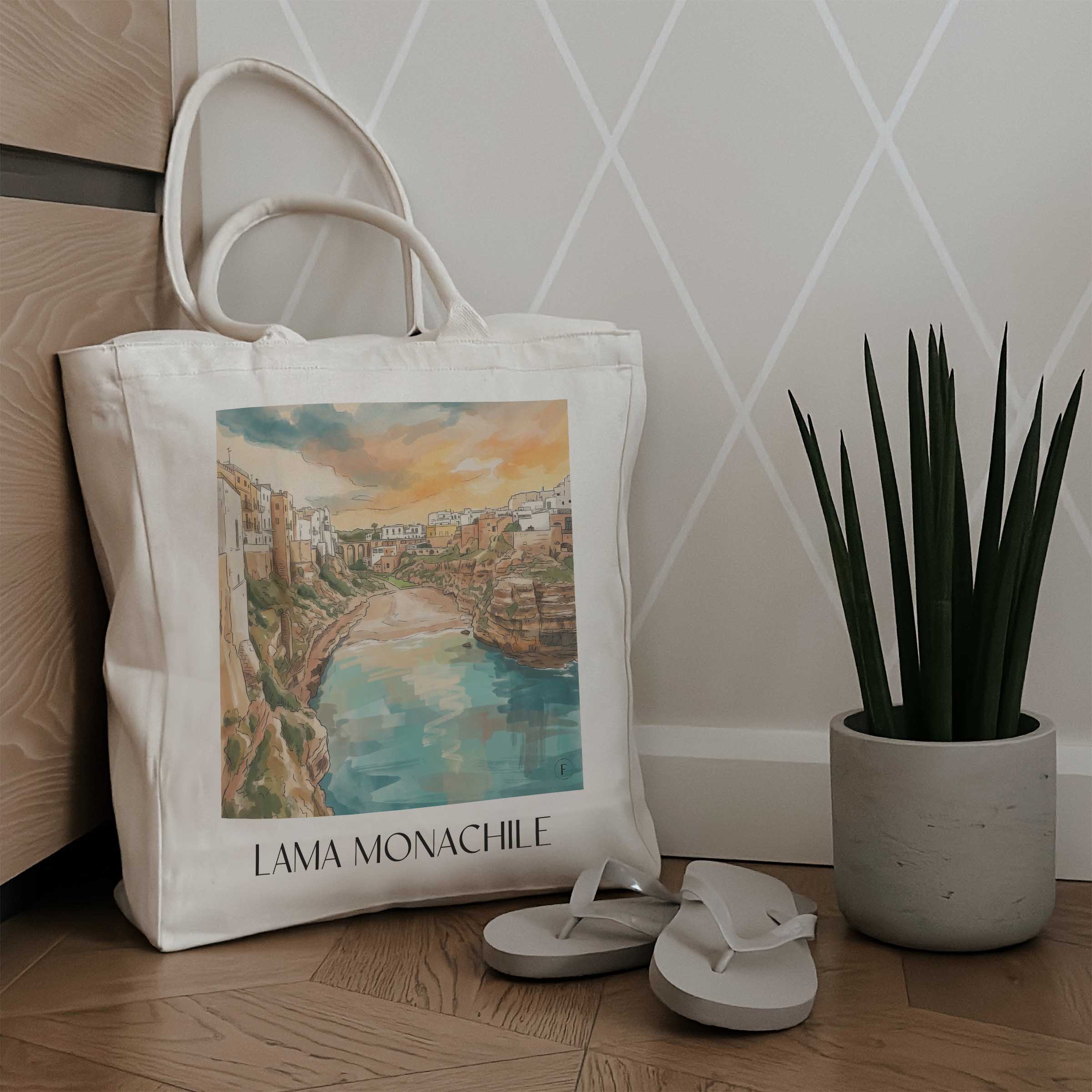 lama-monachile-polignano-a-mare-italien-einkaufstasche-aquarell