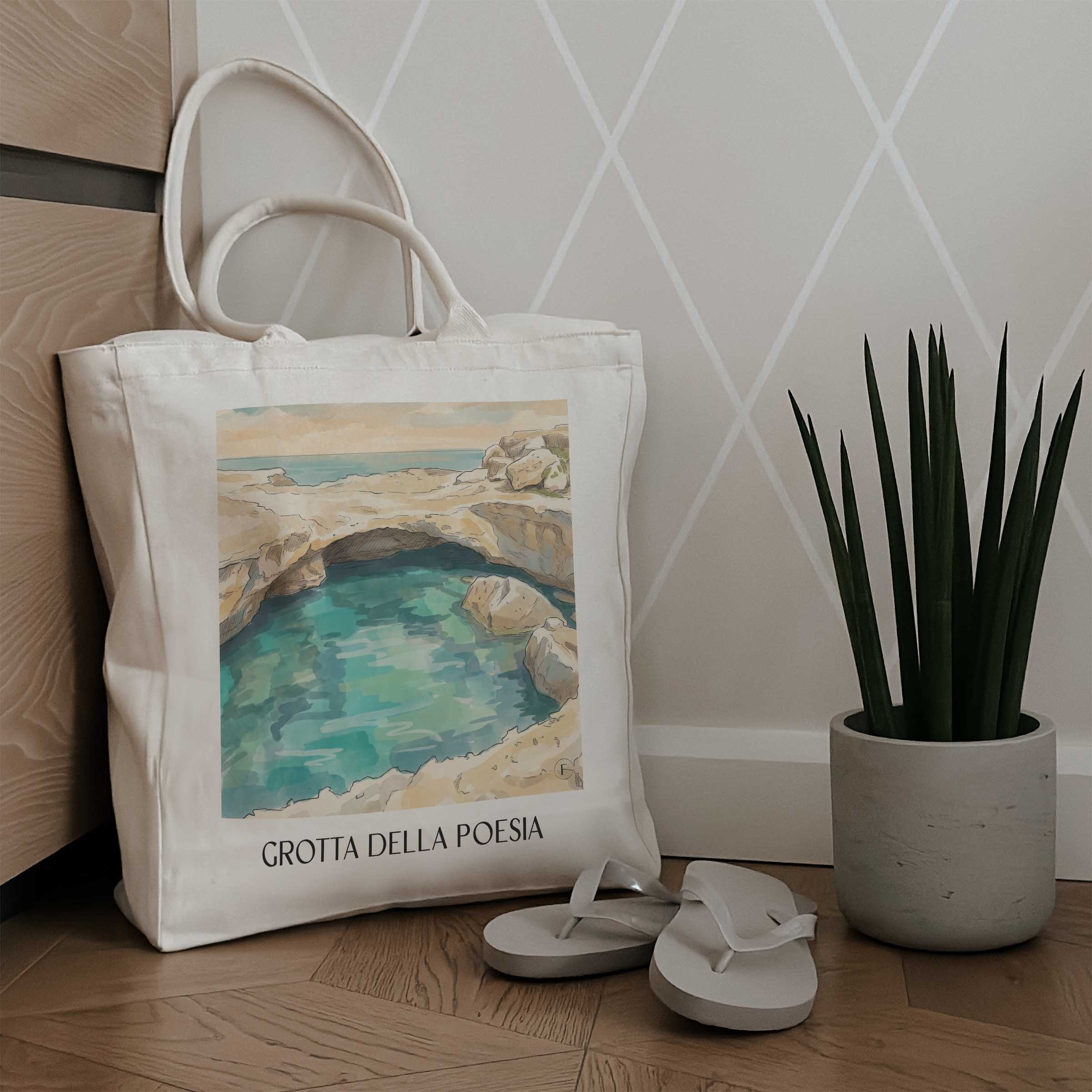 grotta-della-poesia-roca-vecchia-italien-einkaufstasche-aquarell