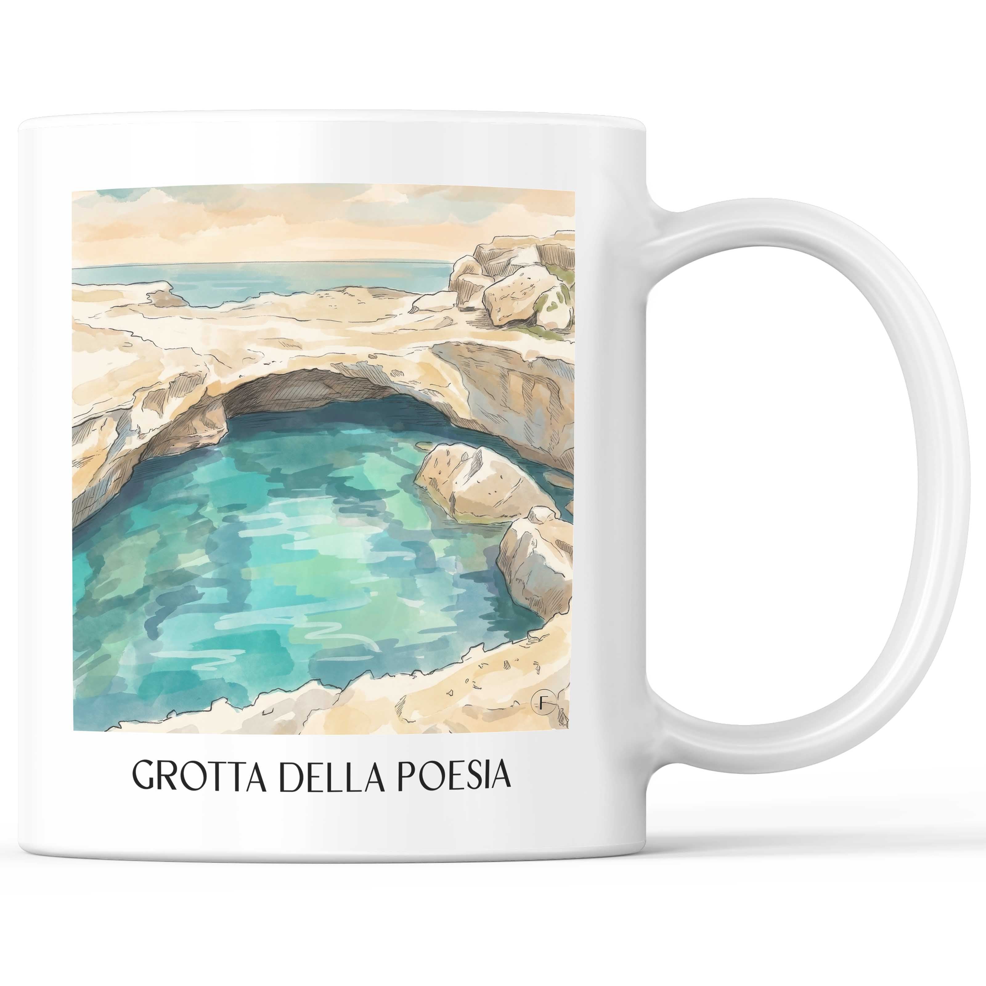 Grotta della Poesia Kaffeebecher - Roca Vecchia - Italien Becher - Kaffeetasse im Aquarell Stil