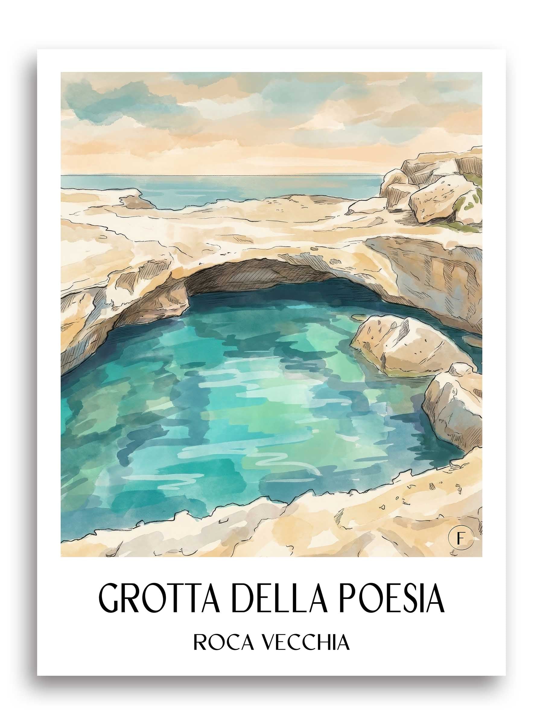 Grotta della Poesia Poster - Roca Vecchia - Italien Kunstdruck - Aquarell von A4 bis A1
