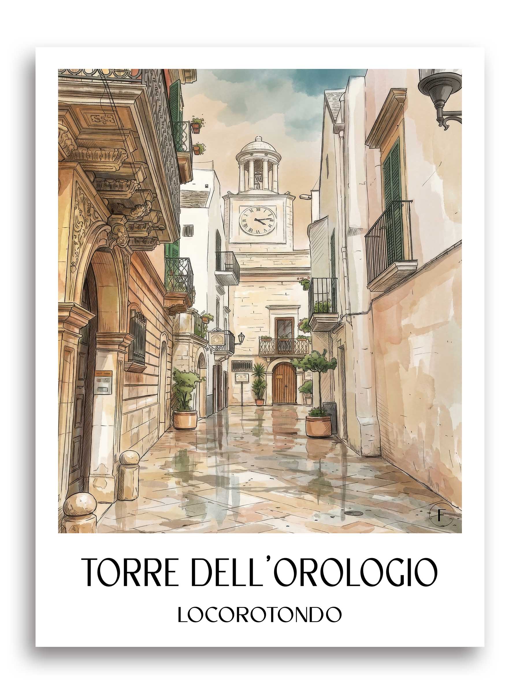 Torre dell´Orologio Poster - Locorotondo - Italien Kunstdruck - Aquarell von A4 bis A1
