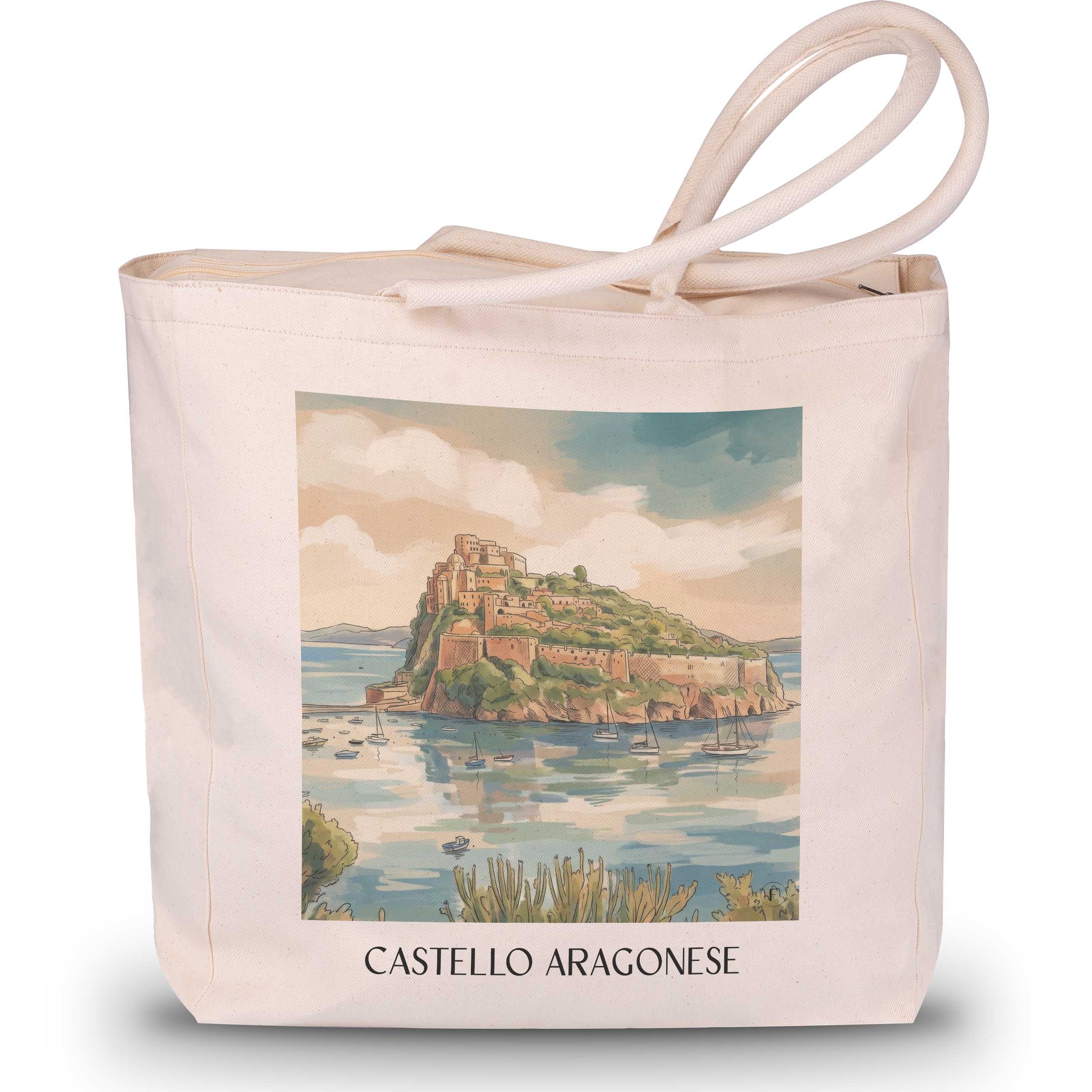 castello-aragonese-ischia-italien-einkaufstasche-aquarell