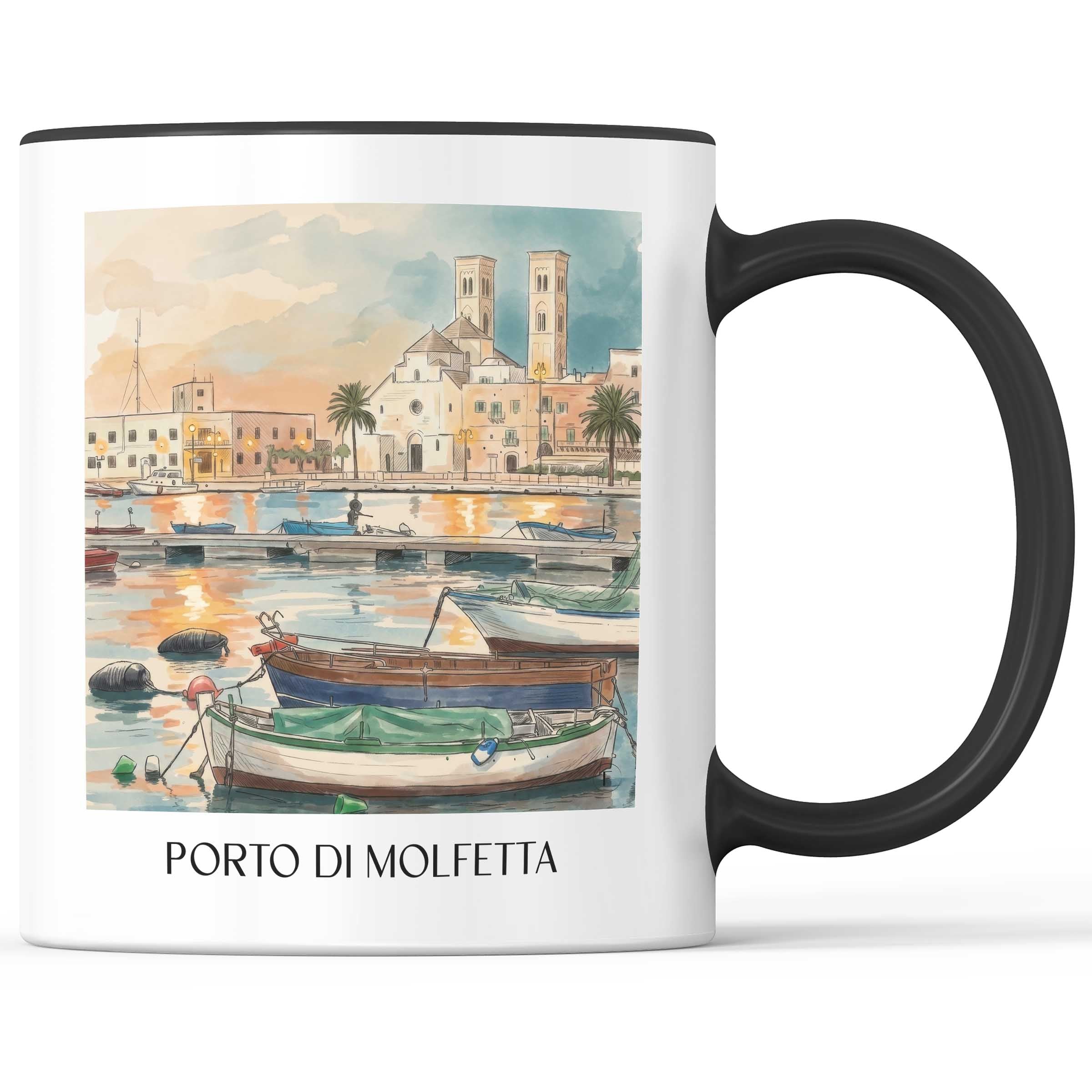 Porto di Molfetta Kaffeebecher - Apulien - Italien Becher - Kaffeetasse im Aquarell Stil