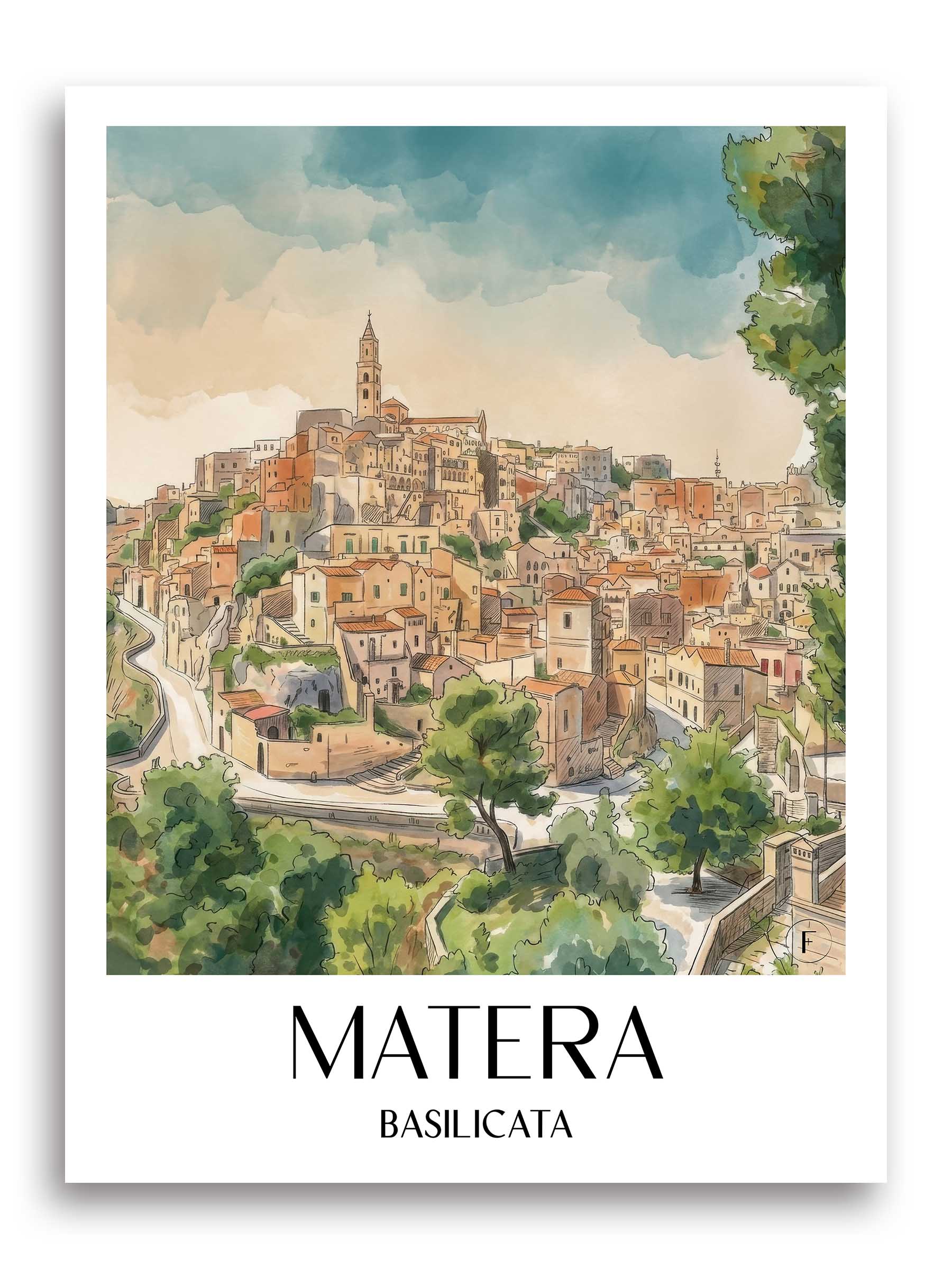 Matera Poster - Basilikata - Italien Kunstdruck - Aquarell von A4 bis A1