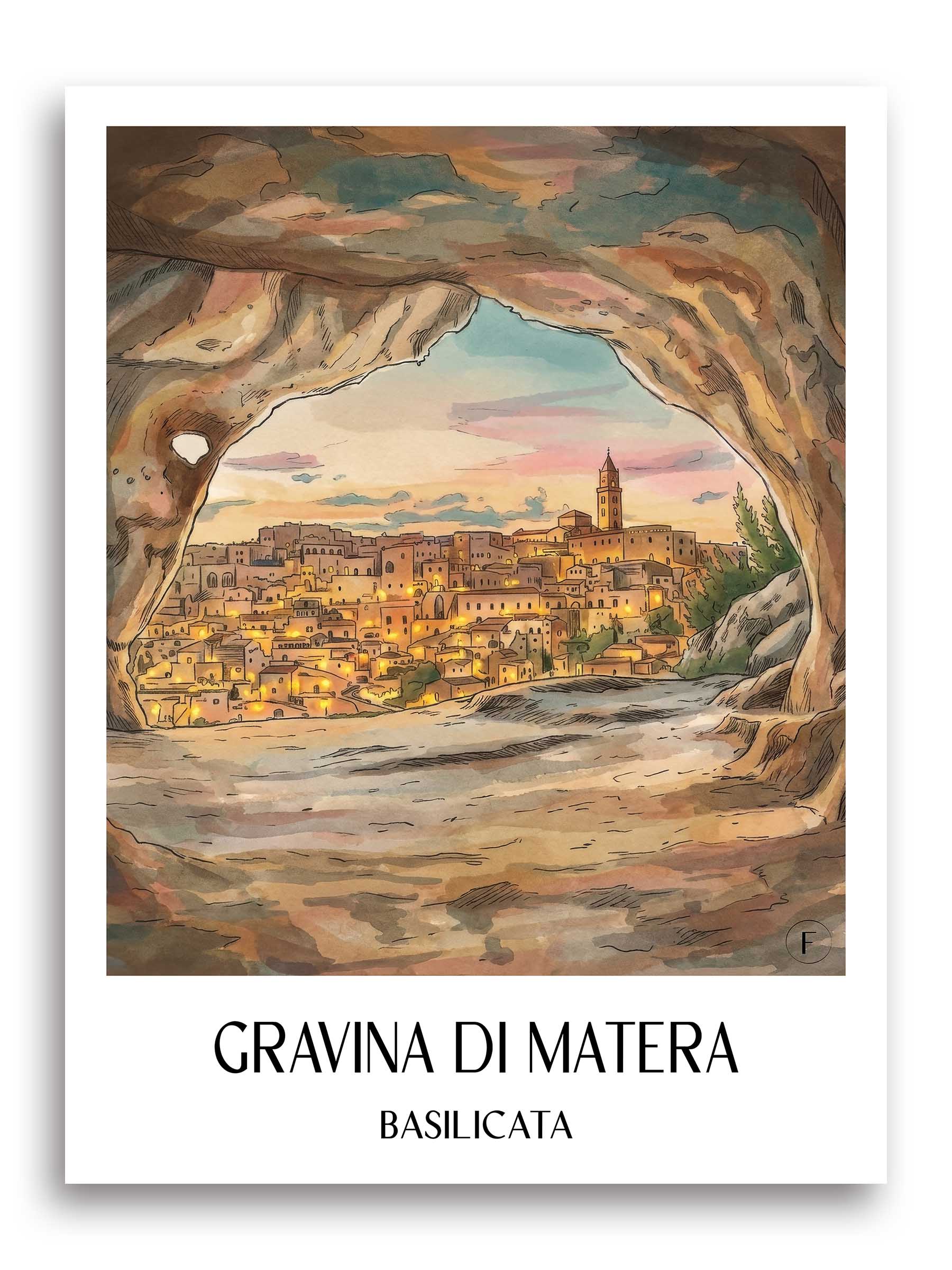 Gravina di Matera Poster - Basilikata - Italien Kunstdruck - Aquarell von A4 bis A1
