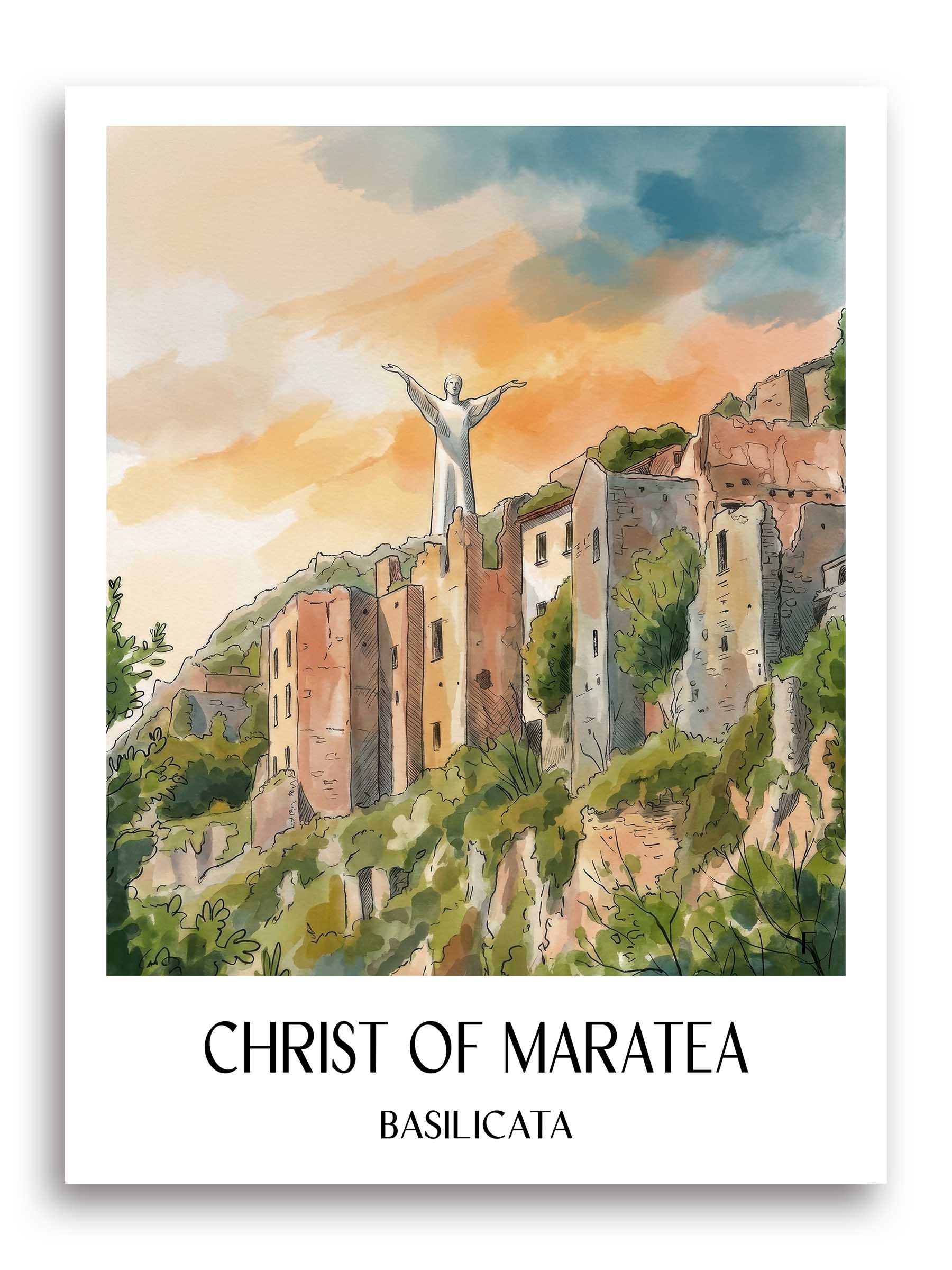 Christus von Maratea Poster - Basilikata - Italien Kunstdruck - Aquarell von A4 bis A1