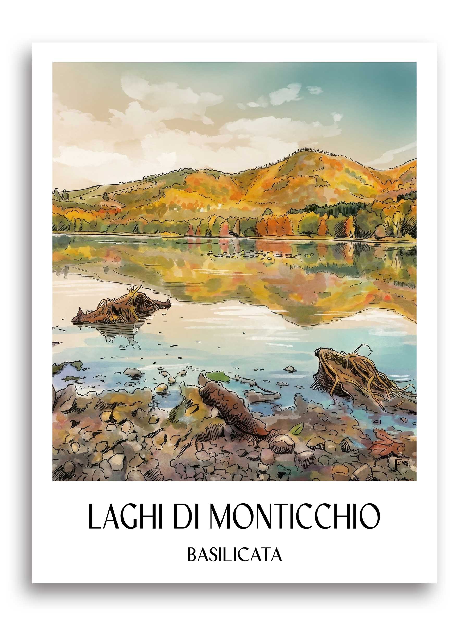 Laghi di Monticchio Poster - Basilikata - Italien Kunstdruck - Aquarell von A4 bis A1