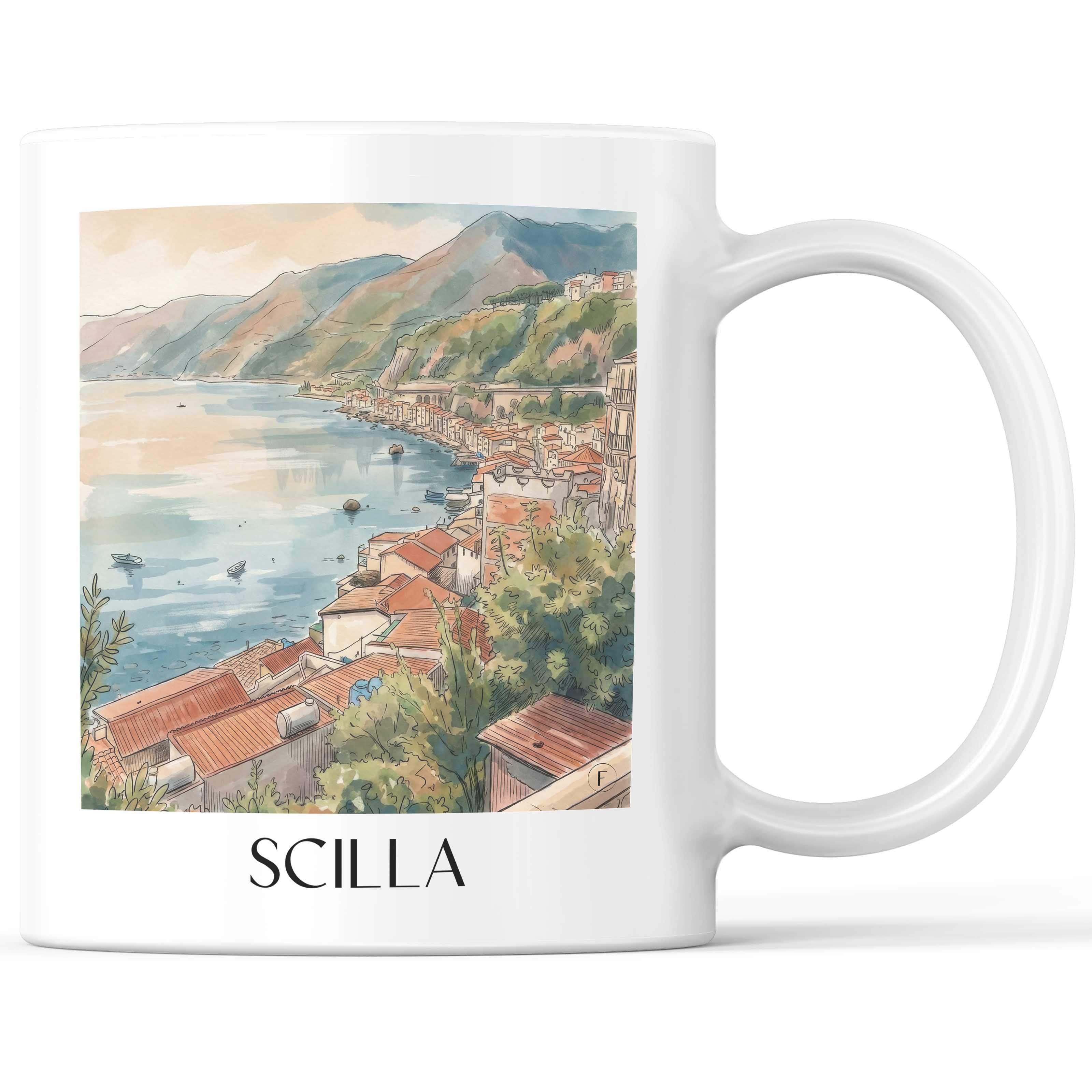 Scilla Kaffeebecher - Kalabrien - Italien Becher - Kaffeetasse im Aquarell Stil