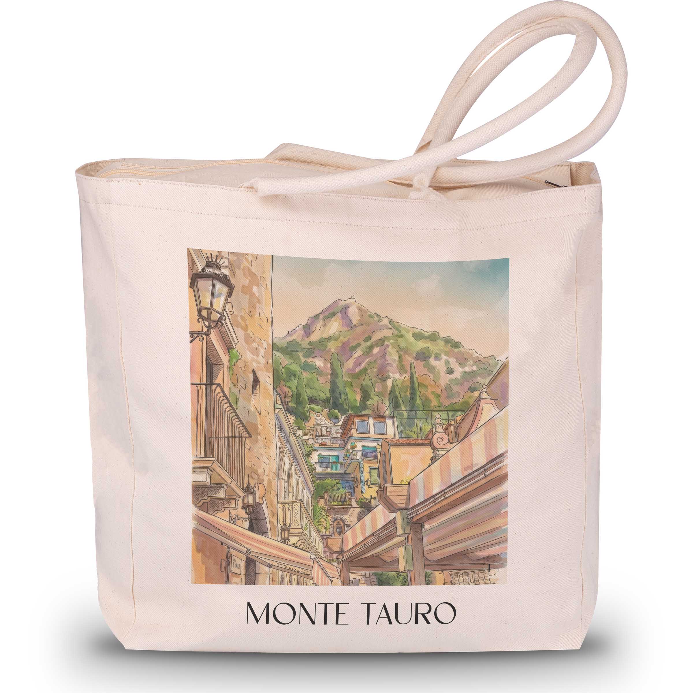 Monte Tauro Shopping Tasche - Taormina - Italien Tote Bag - Einkaufstasche im Aquarell Stil