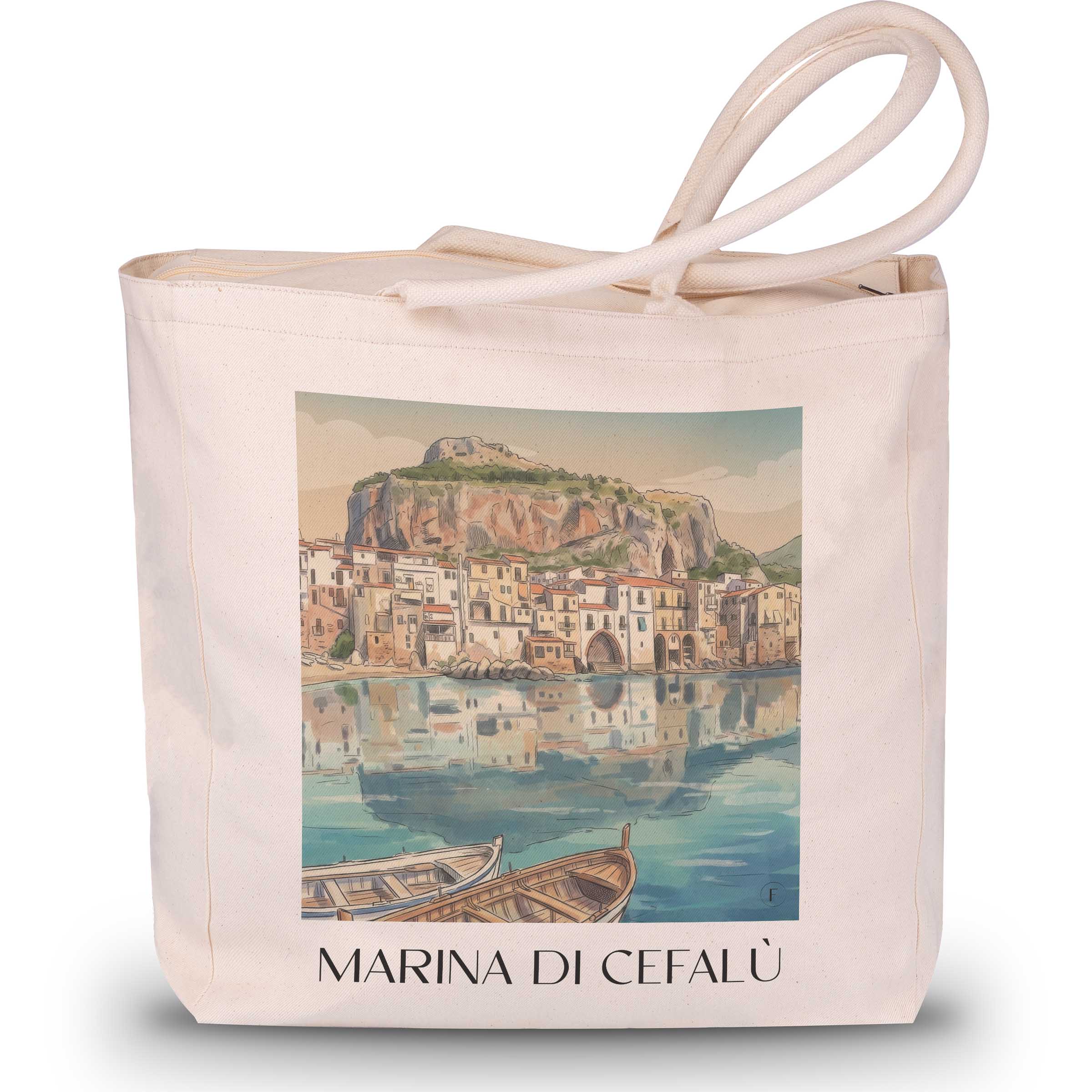 Marina di Cefalù Shopping Tasche - Sizilien - Italien Tote Bag - Einkaufstasche im Aquarell Stil