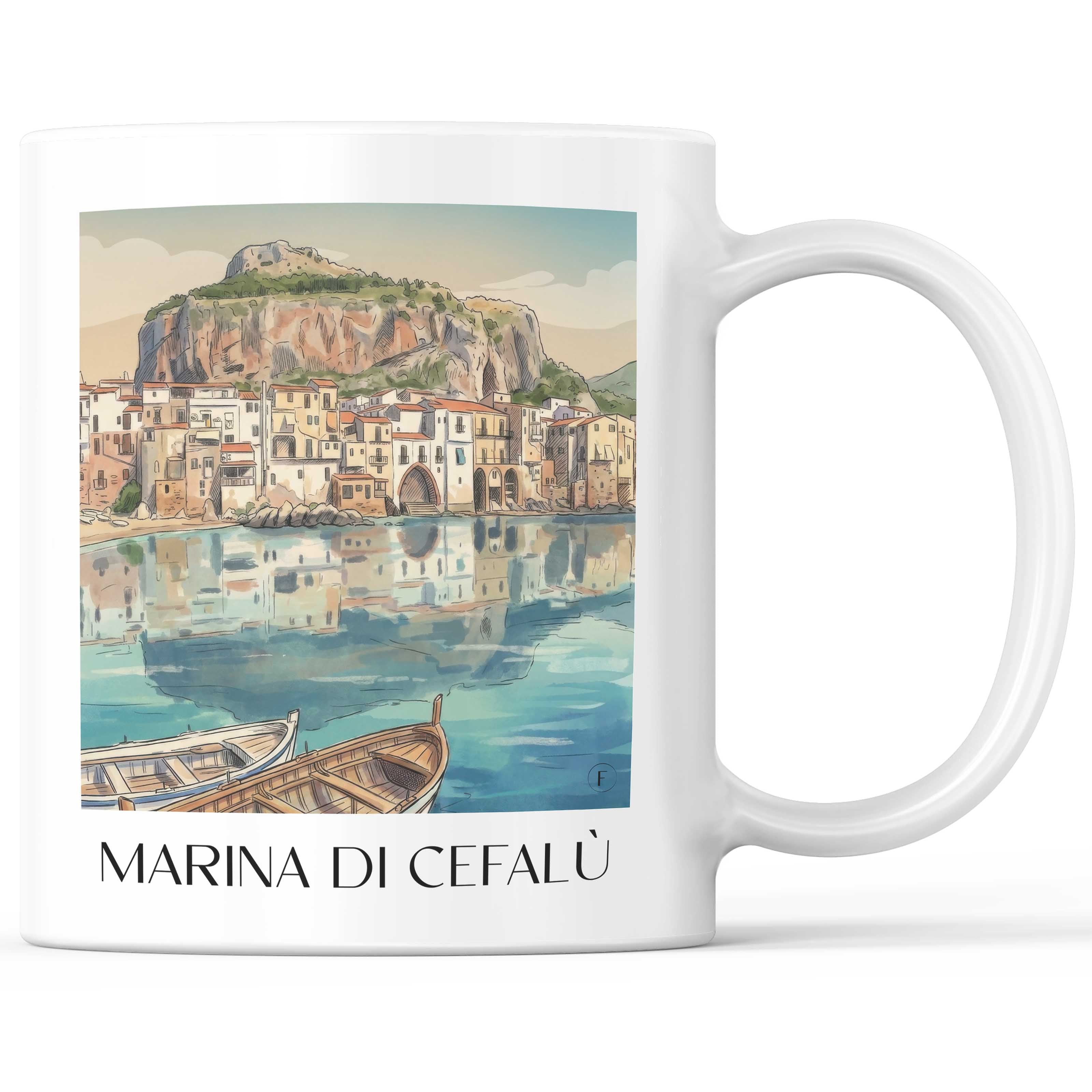 Marina di Cefalù Kaffeebecher - Sizilien - Italien Becher - Kaffeetasse im Aquarell Stil