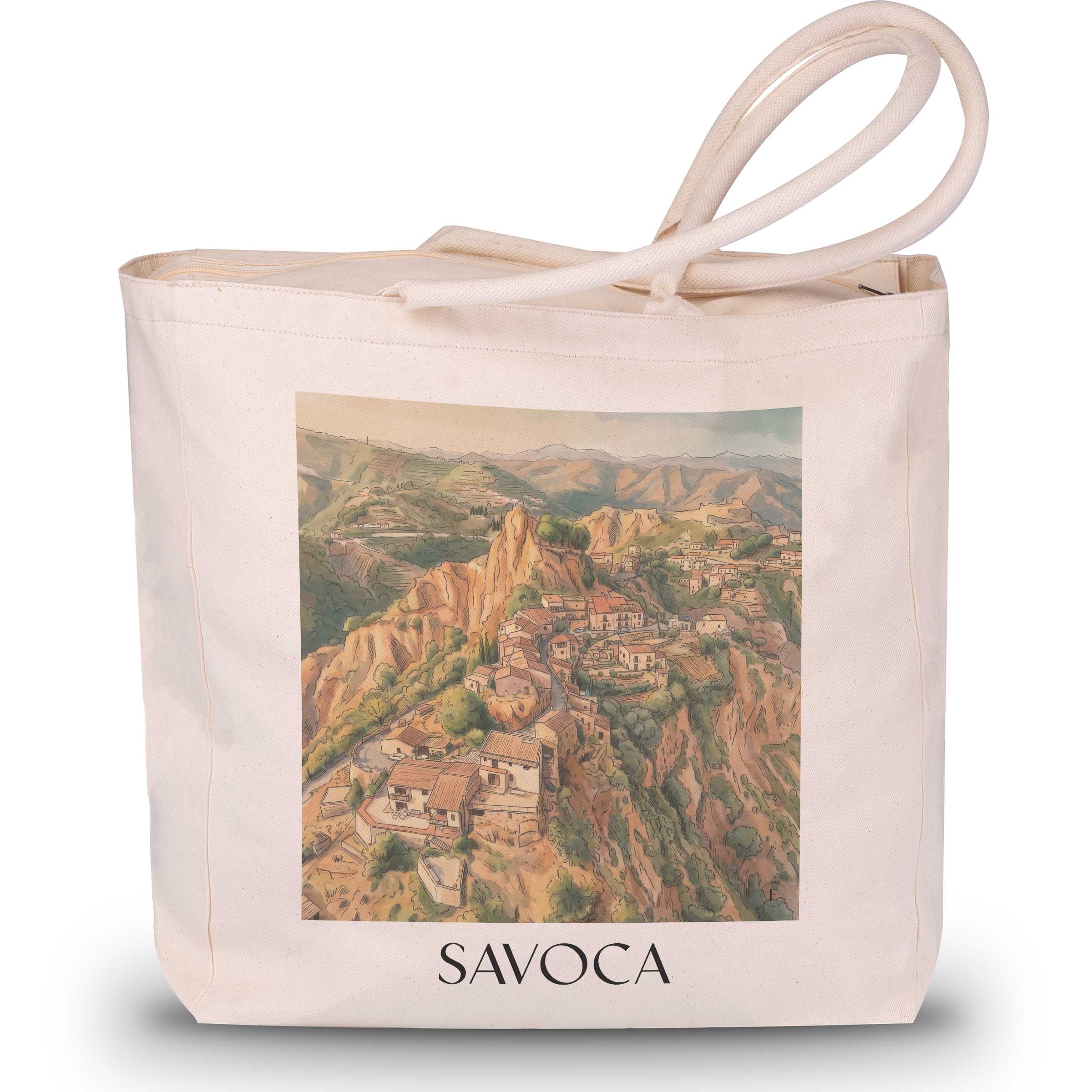 Savoca Shopping Tasche - Sizilien - Italien Tote Bag - Einkaufstasche im Aquarell Stil