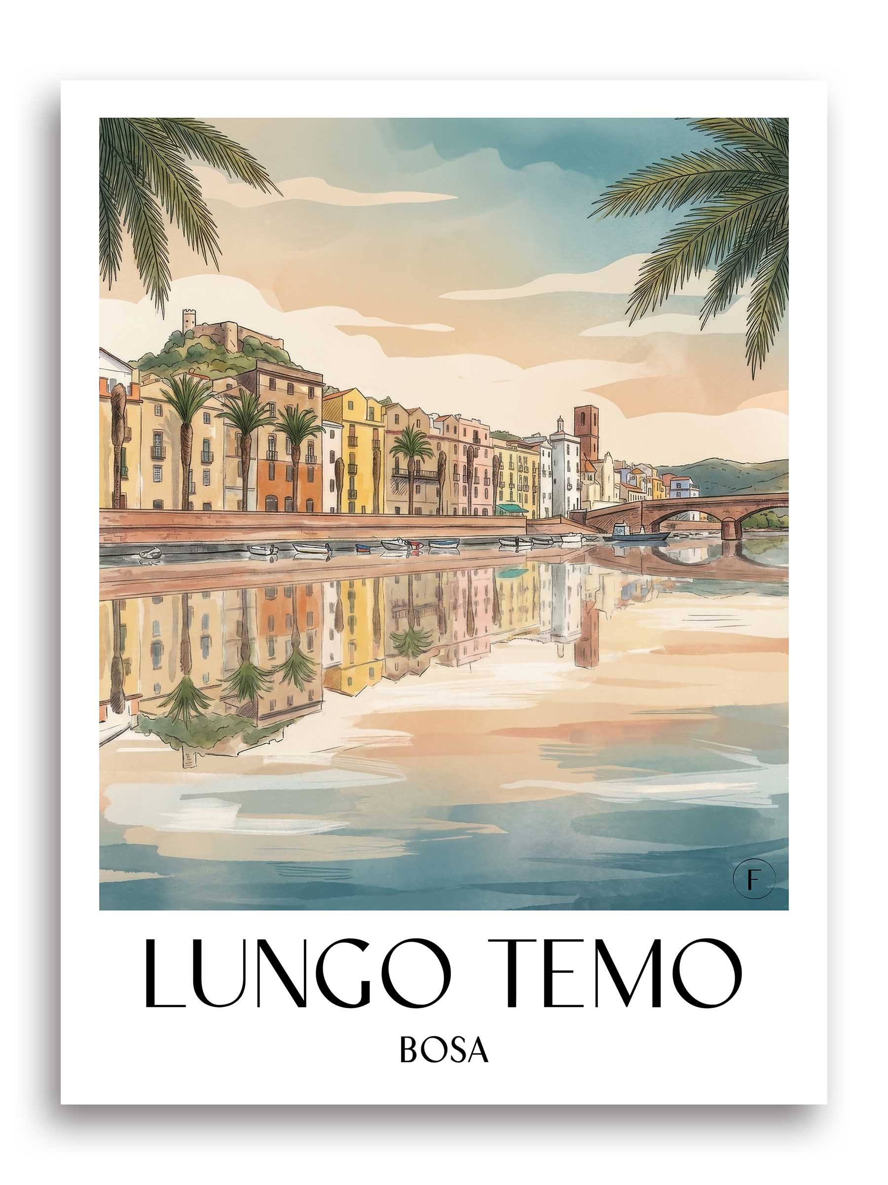 Lungo Temo Poster - Bosa - Italien Kunstdruck - Aquarell von A4 bis A1