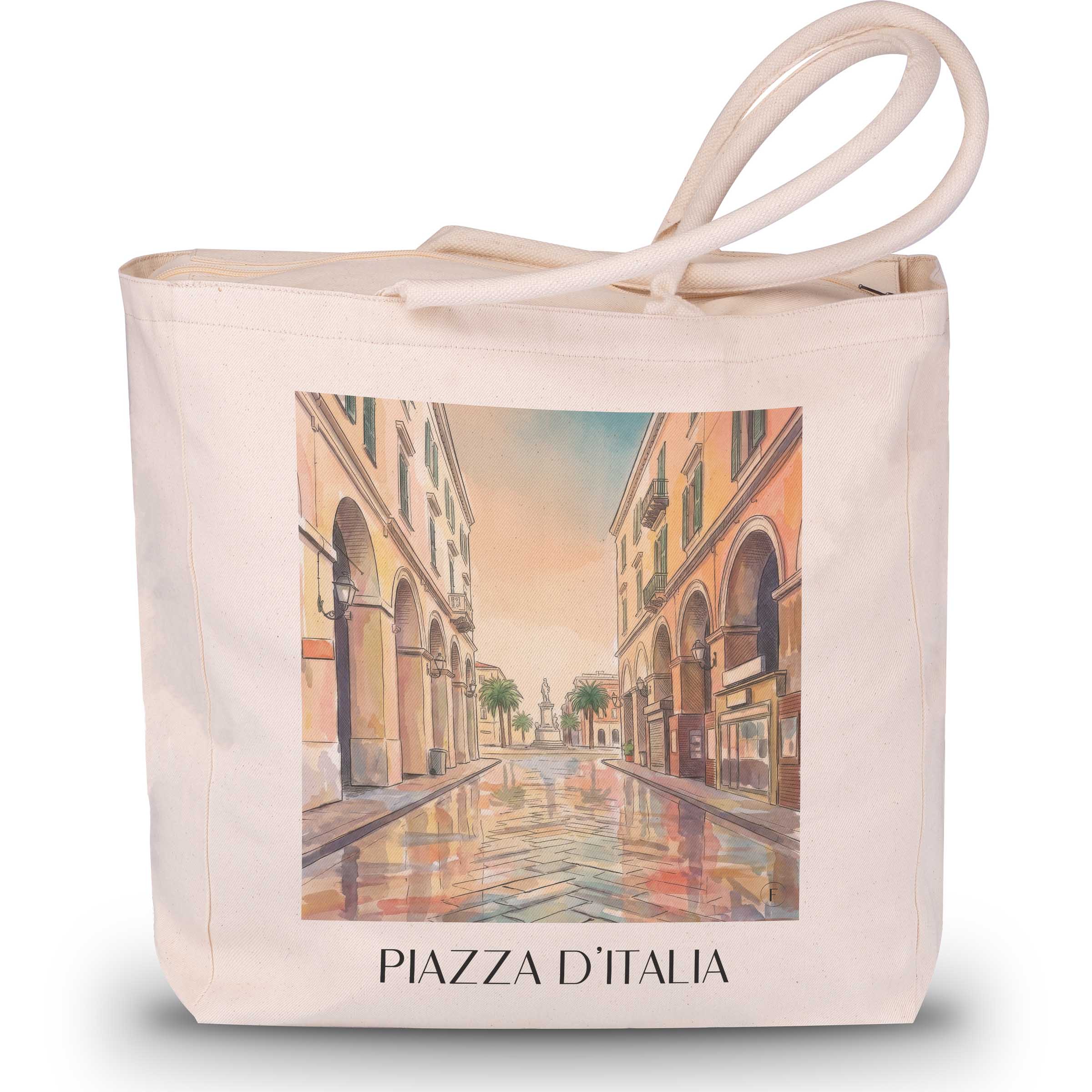 Piazza d´Italia Shopping Tasche - Sassari - Italien Tote Bag - Einkaufstasche im Aquarell Stil