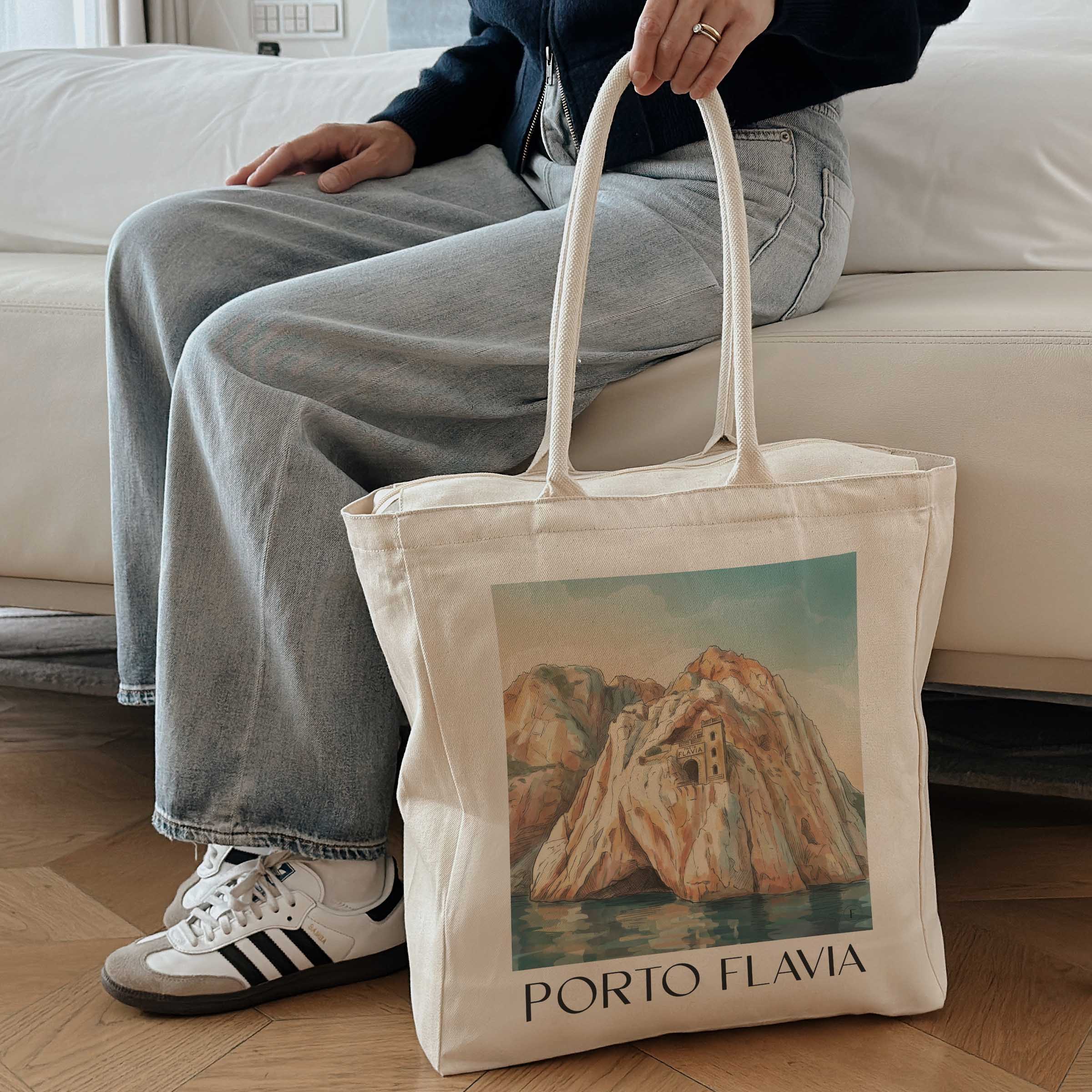 porto-flavia-masua-italien-einkaufstasche-aquarell