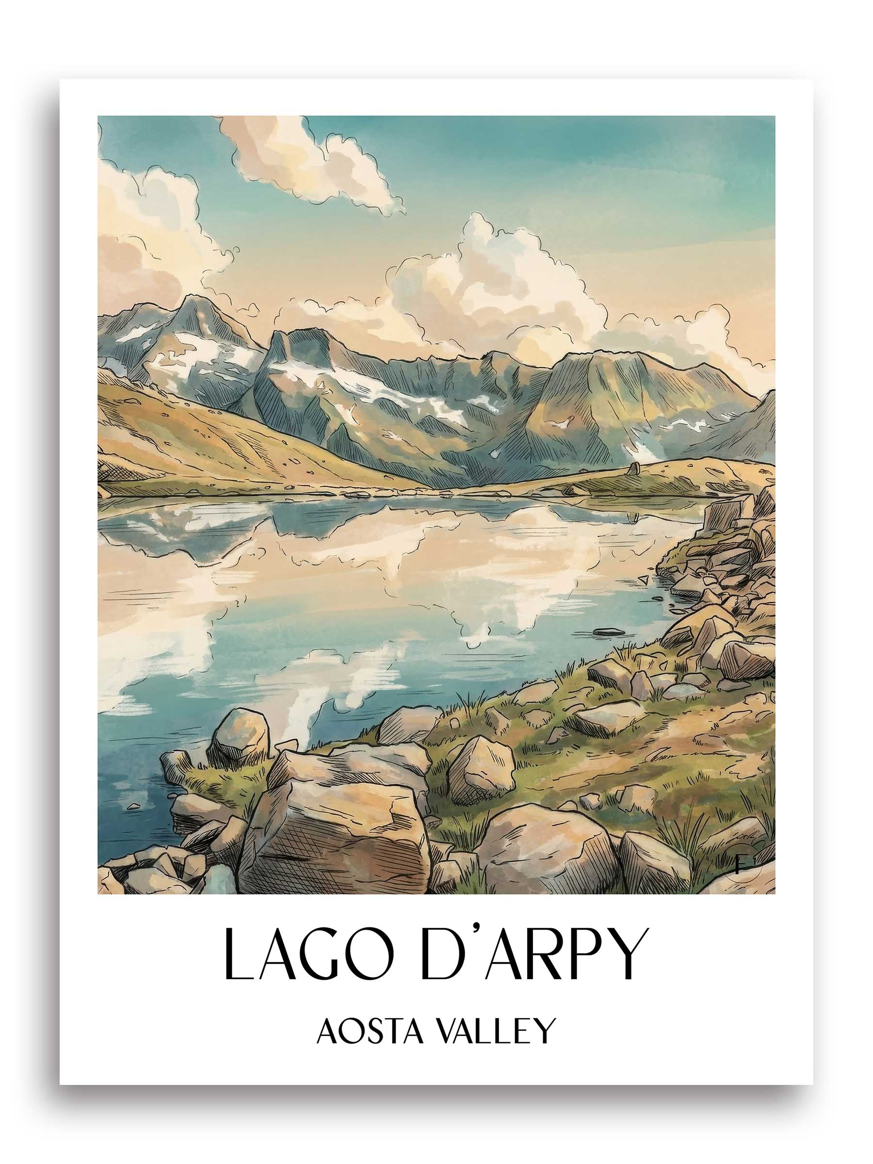 Lago d´Arpy Poster - Aostatal - Italien Kunstdruck - Aquarell von A4 bis A1