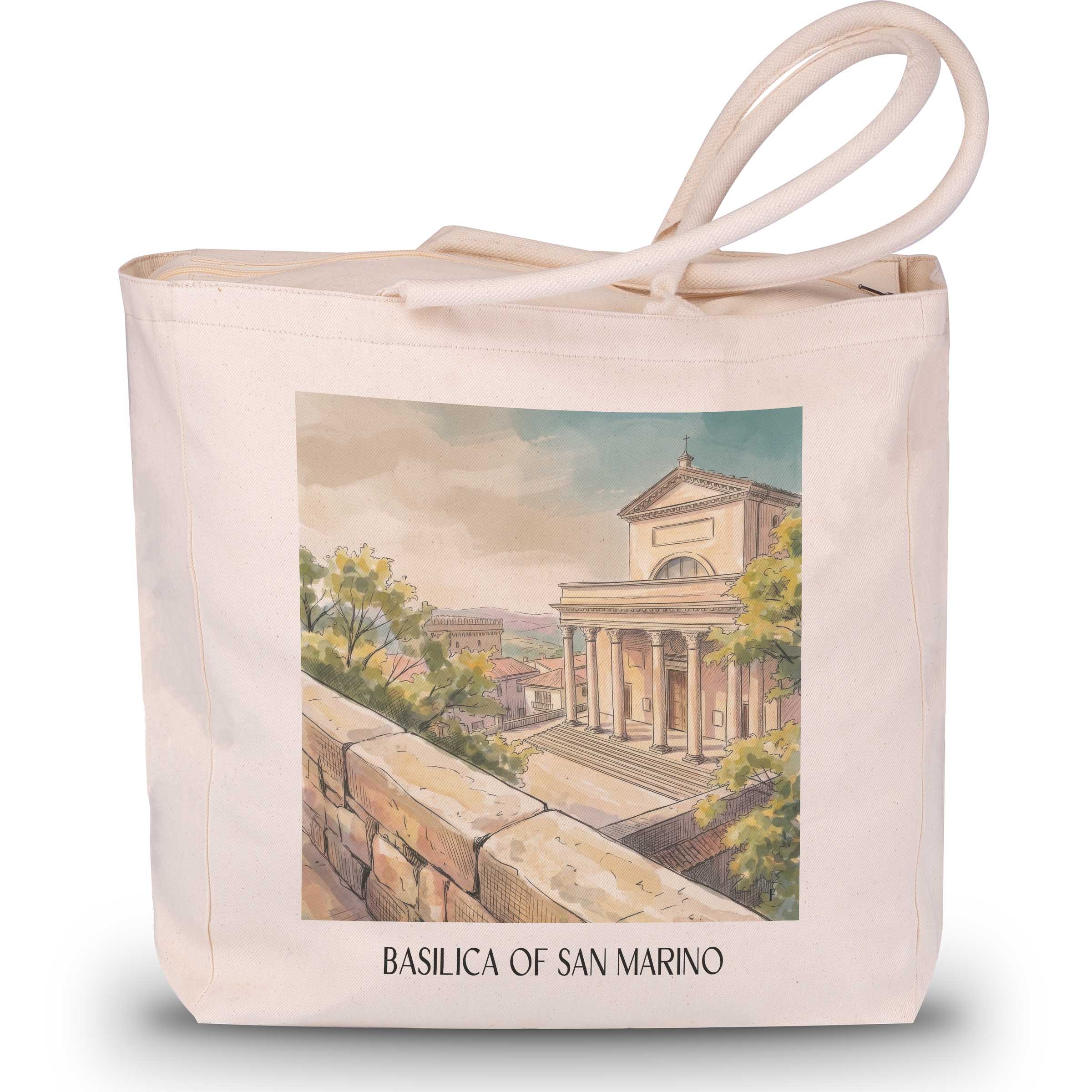 Basilika San Marino Shopping Tasche - Monte Titano - Italien Tote Bag - Einkaufstasche im Aquarell Stil