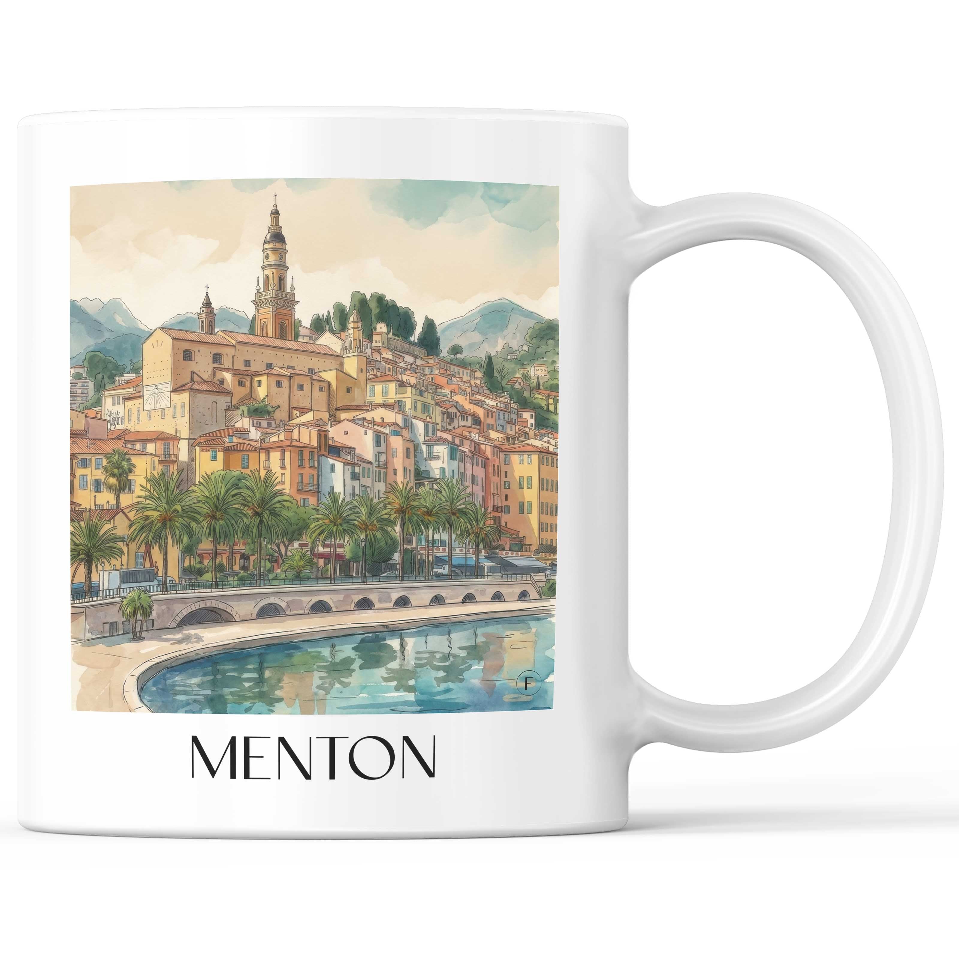 Menton Kaffeebecher - Côte d´Azur - Frankreich Becher - Kaffeetasse im Aquarell Stil