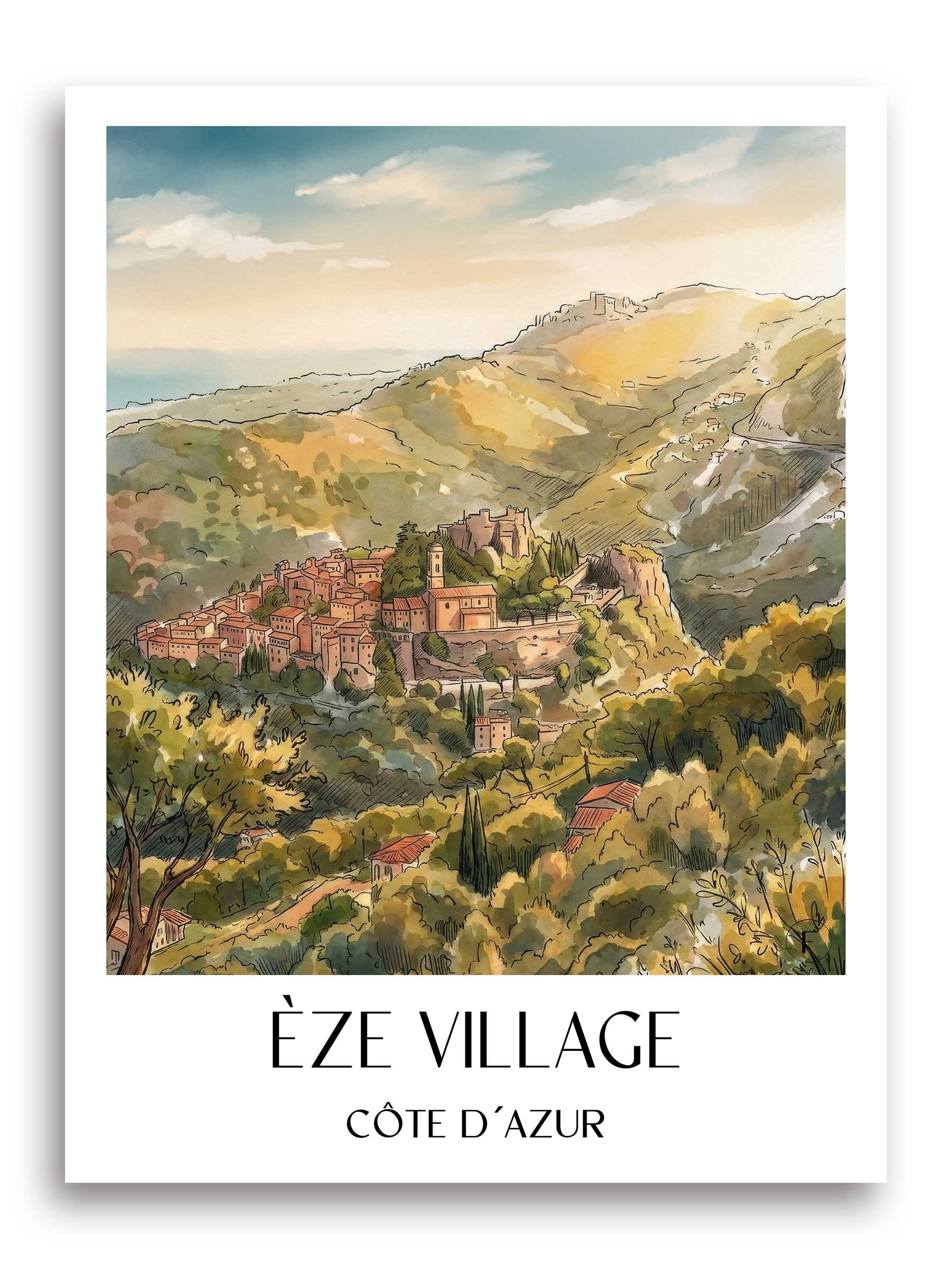 èze-village-côte-d´azur-frankreich-poster-aquarell