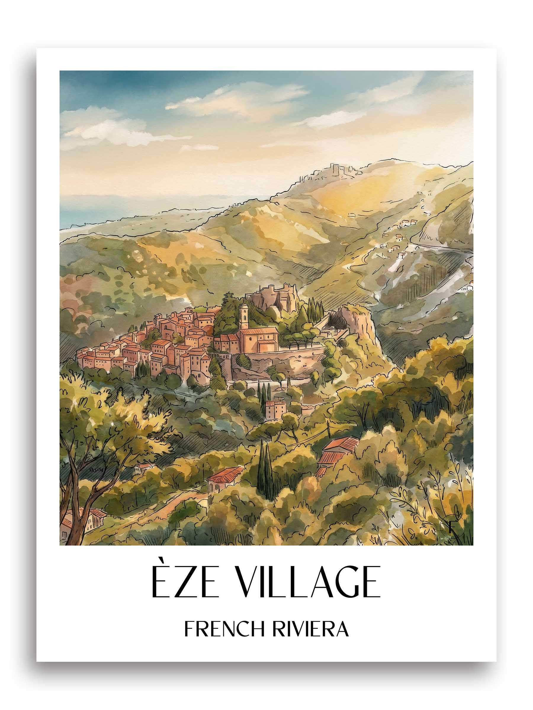 Èze Village Poster - Côte d´Azur - Frankreich Kunstdruck - Aquarell von A4 bis A1