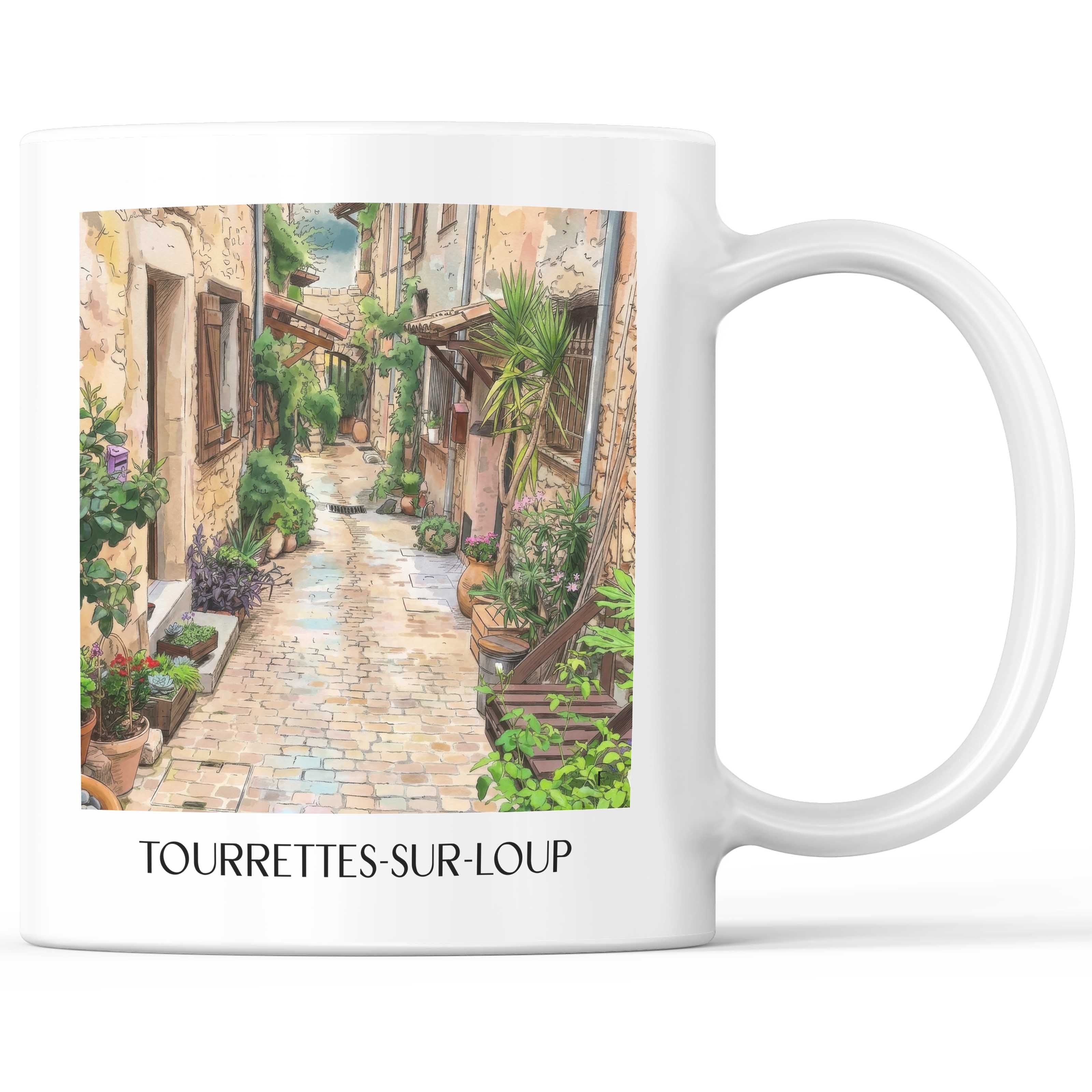 Tourrettes-sur-Loup Kaffeebecher - Côte d´Azur - Frankreich Becher - Kaffeetasse im Aquarell Stil