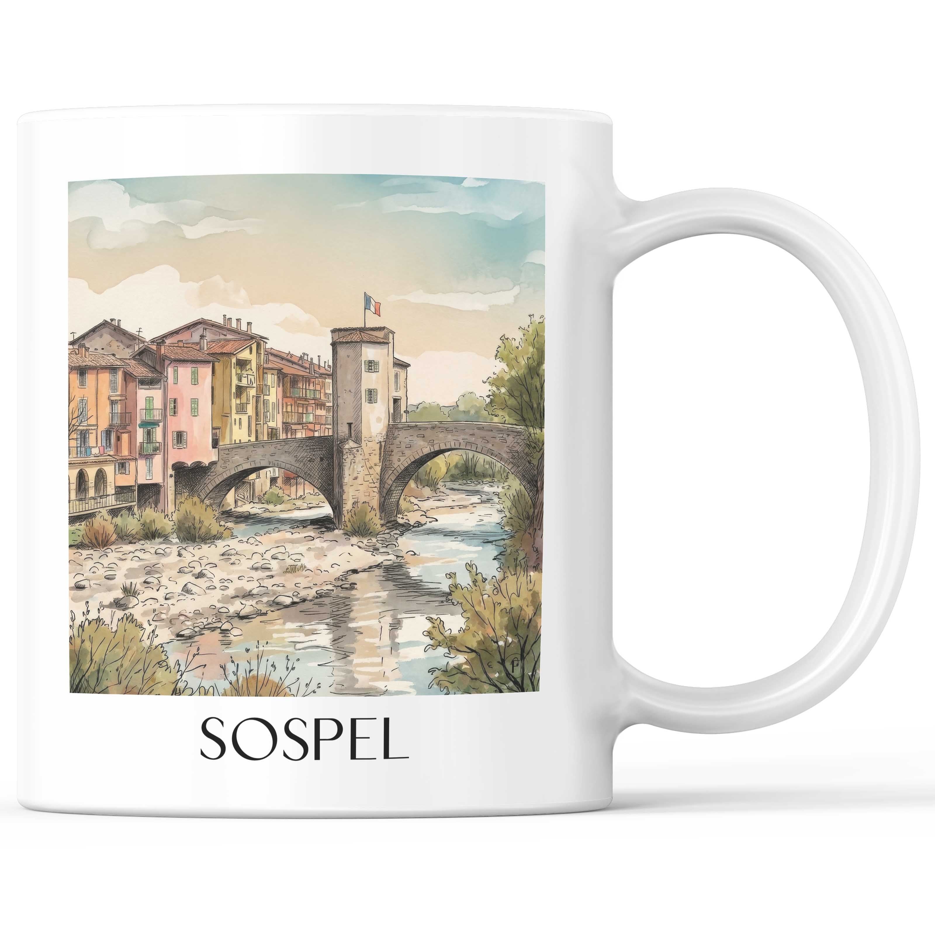 Sospel Kaffeebecher - Arrière-pays niçois - Frankreich Becher - Kaffeetasse im Aquarell Stil