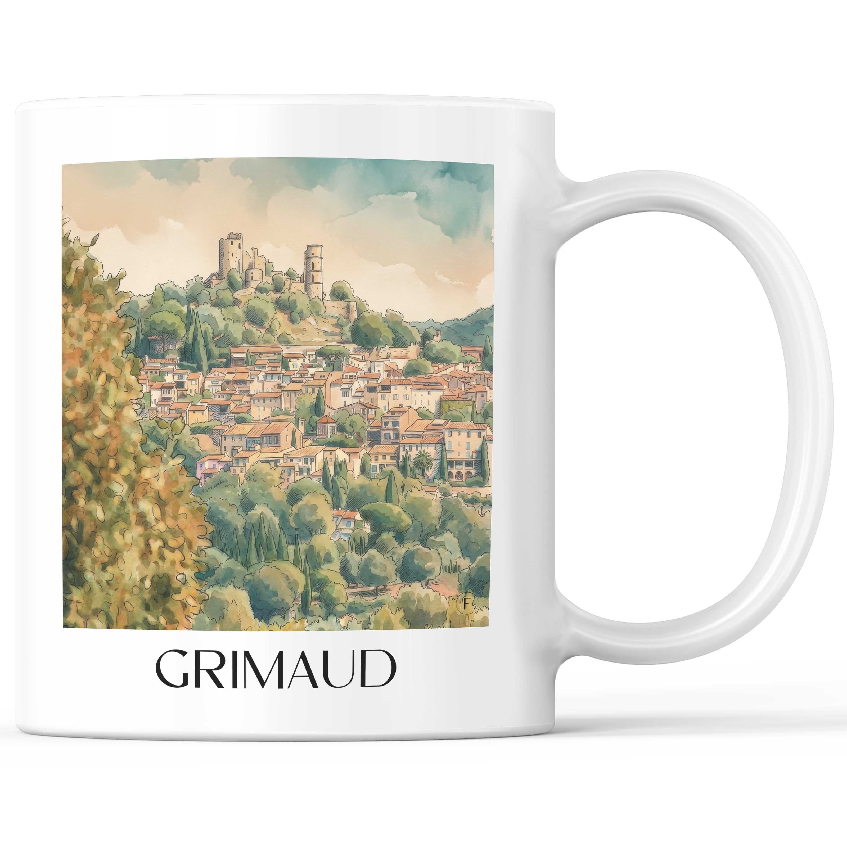 Grimaud Kaffeebecher - Côte d´Azur - Frankreich Becher - Kaffeetasse im Aquarell Stil