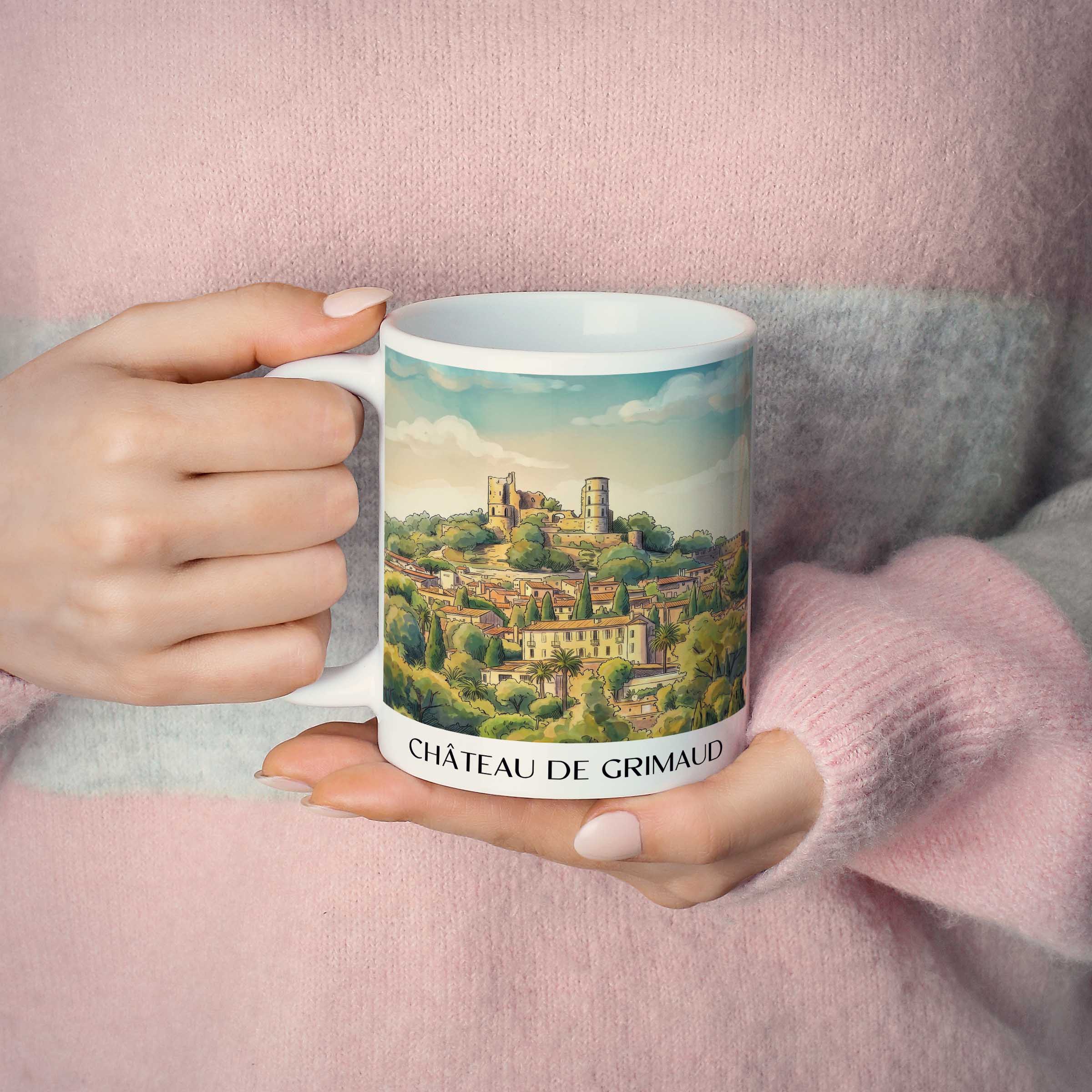château-de-grimaud-côte-d´azur-frankreich-kaffeebecher-aquarell