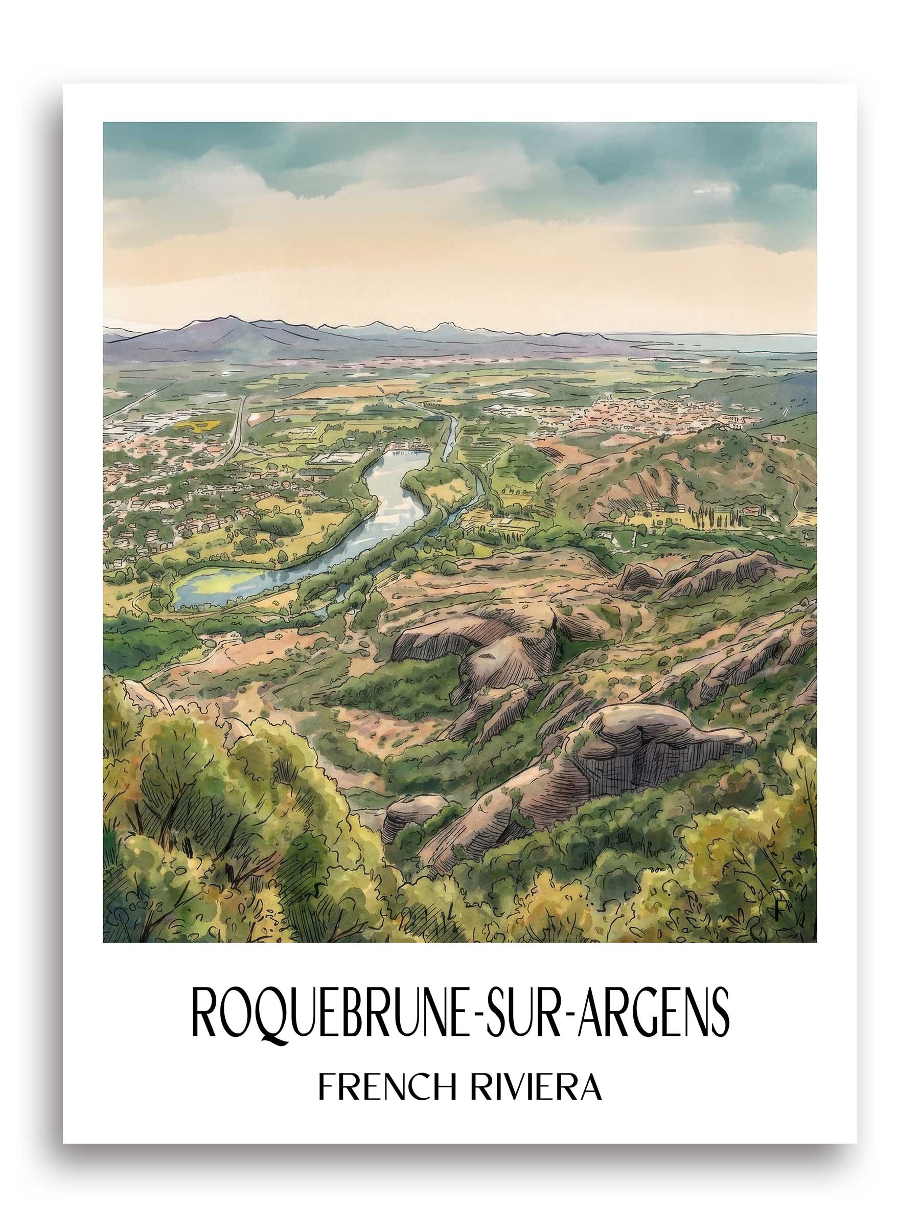 Roquebrune-sur-Argens Poster - Côte d´Azur - Frankreich Kunstdruck - Aquarell von A4 bis A1