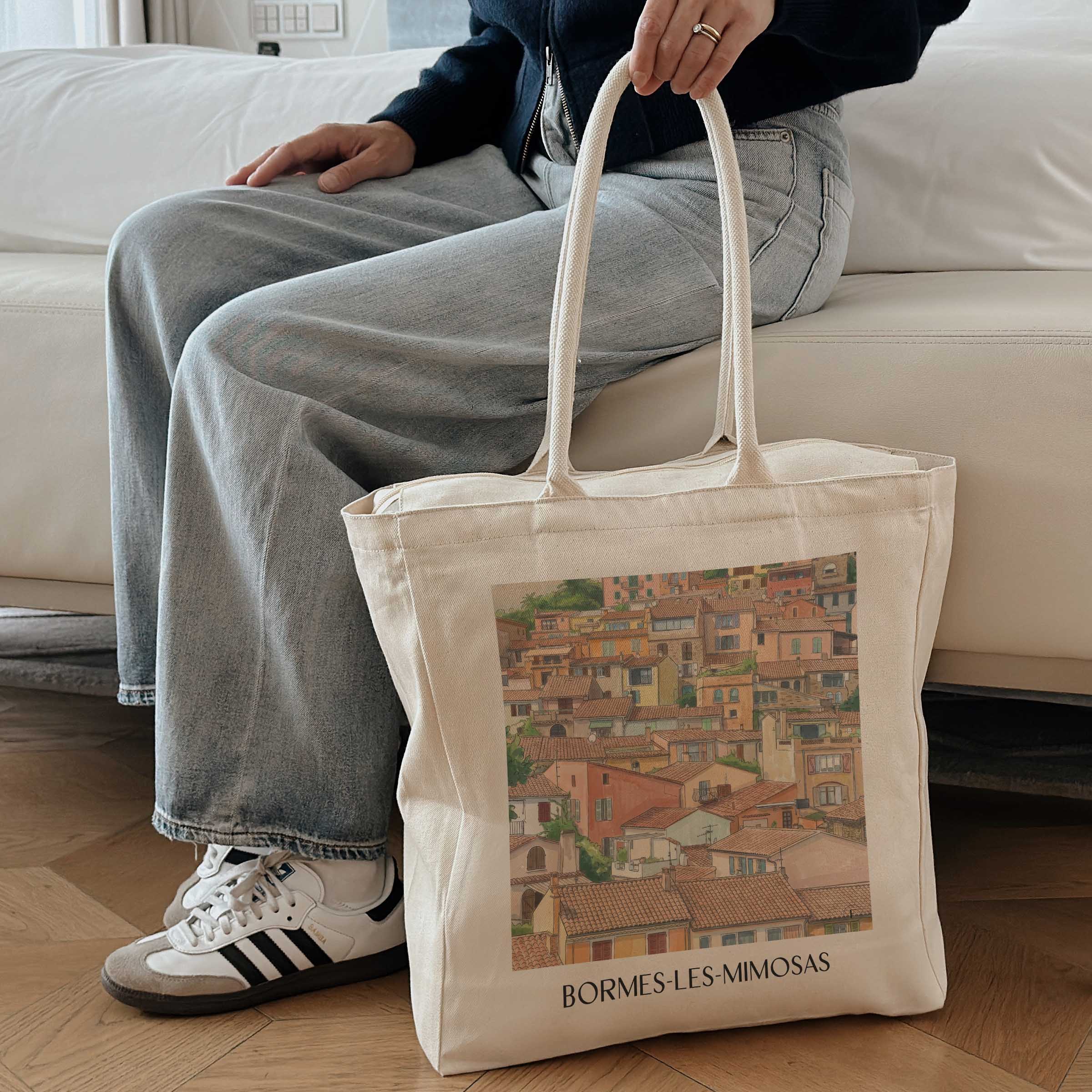 bormes-les-mimosas-côte-des-maures-frankreich-einkaufstasche-aquarell