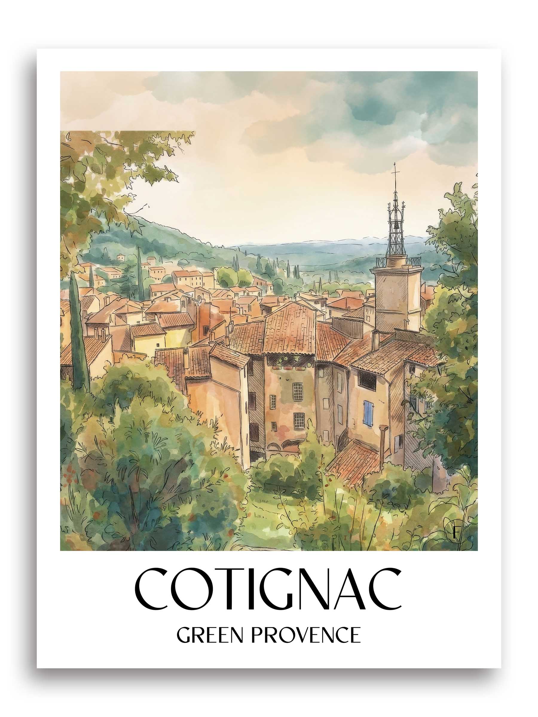 Cotignac Poster - Provence Verte - Frankreich Kunstdruck - Aquarell von A4 bis A1