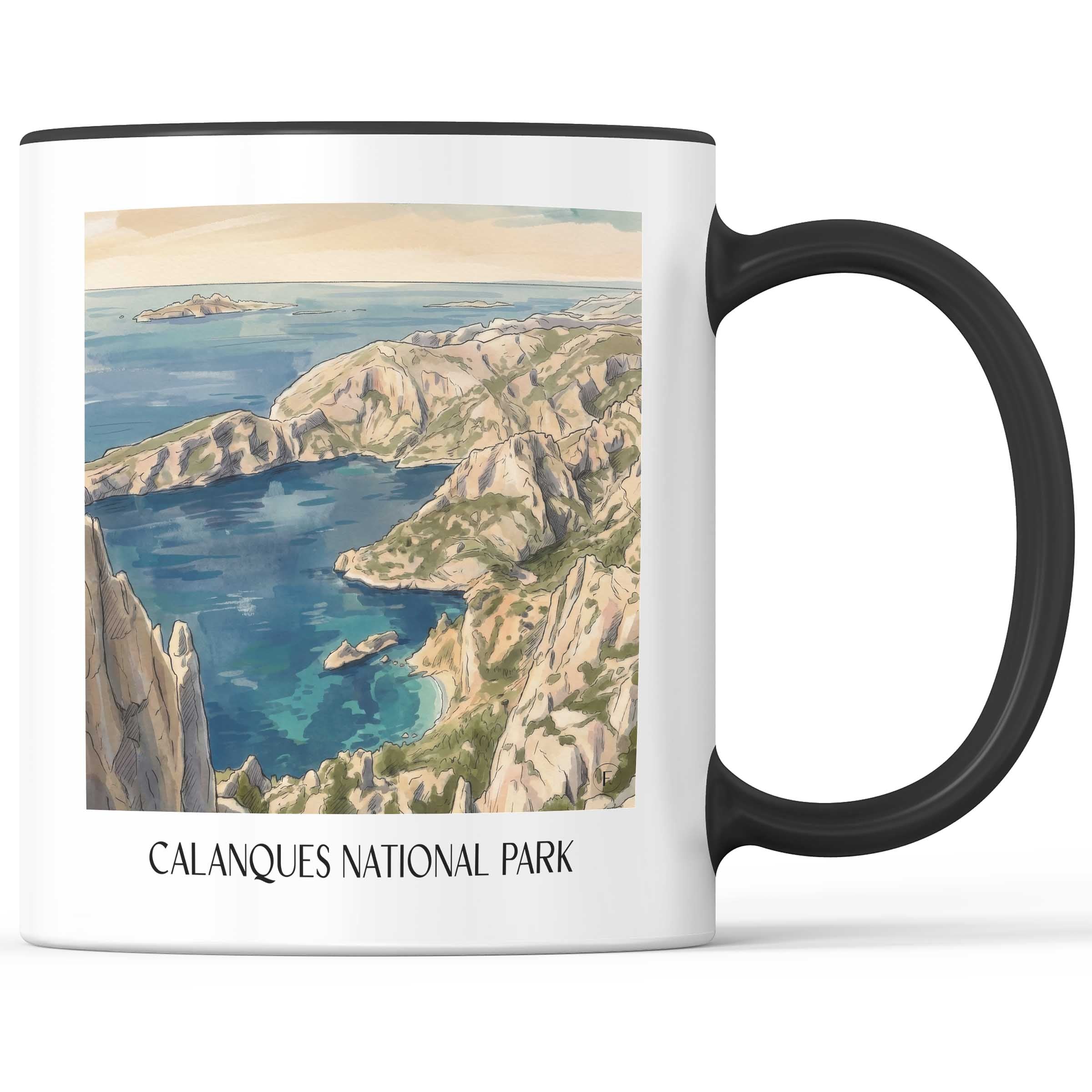 Nationalpark Calanques Kaffeebecher - Côte d´Azur - Frankreich Becher - Kaffeetasse im Aquarell Stil