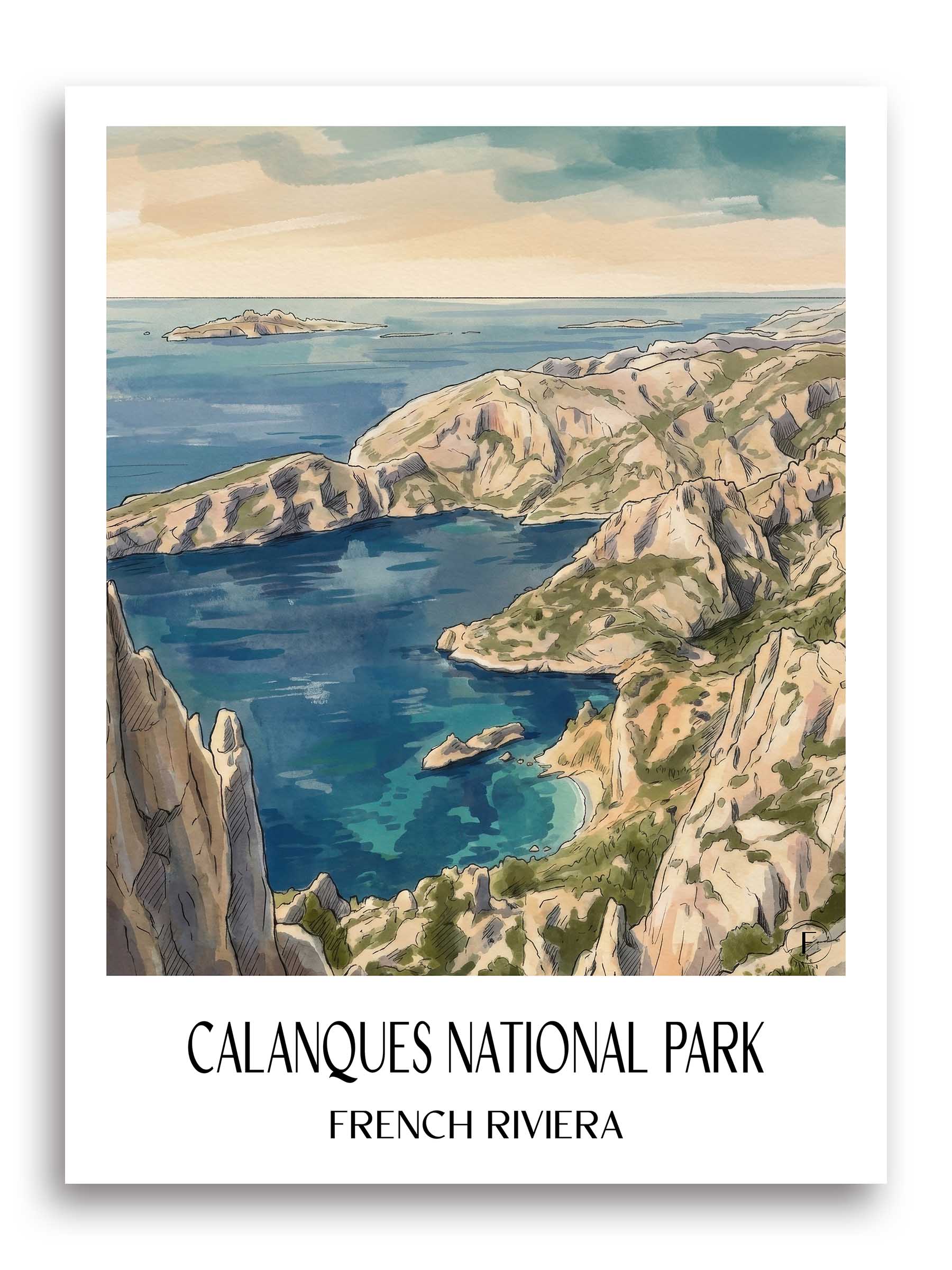 Nationalpark Calanques Poster - Côte d´Azur - Frankreich Kunstdruck - Aquarell von A4 bis A1