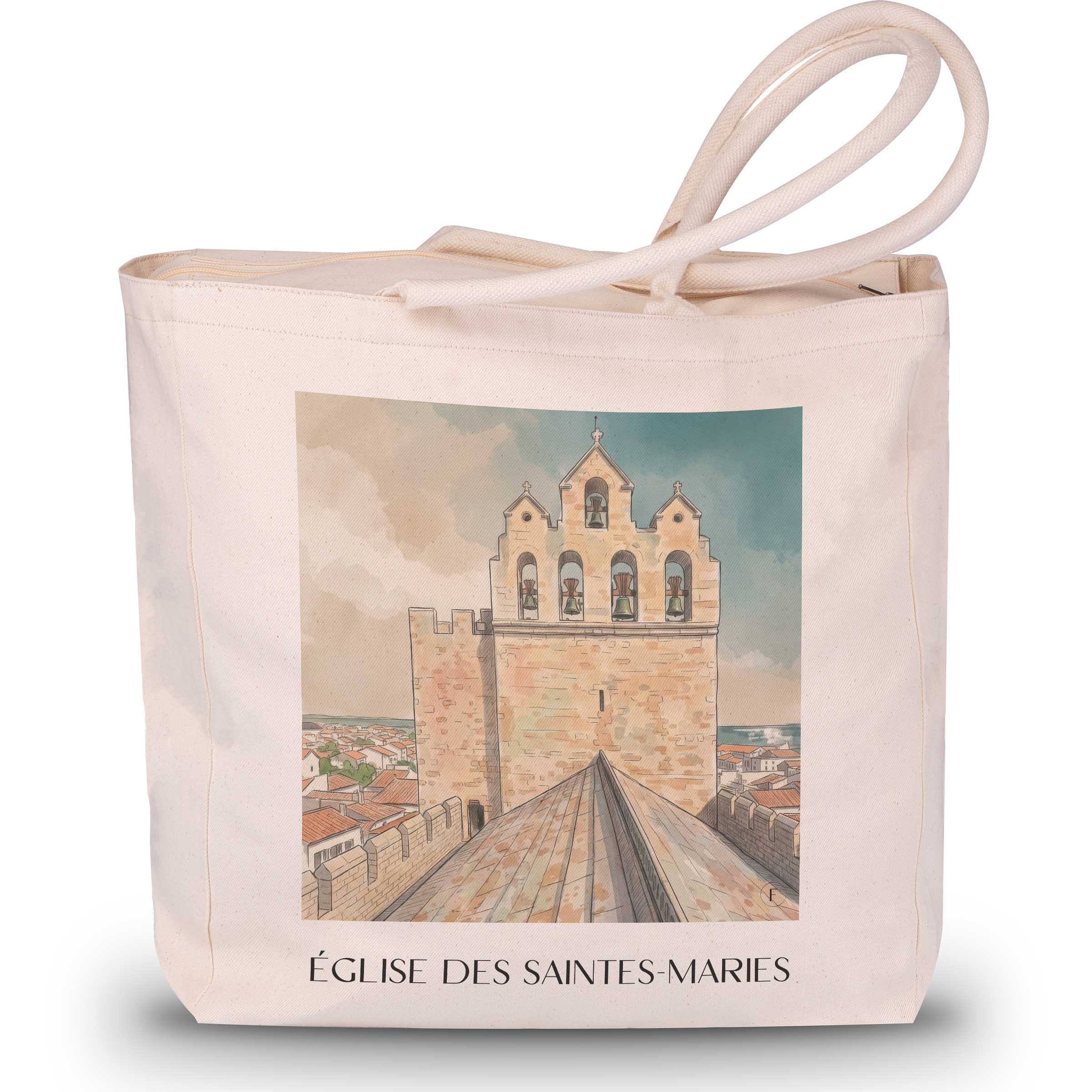 église-des-saintes-maries-saintes-maries-de-la-mer-frankreich-einkaufstasche-aquarell