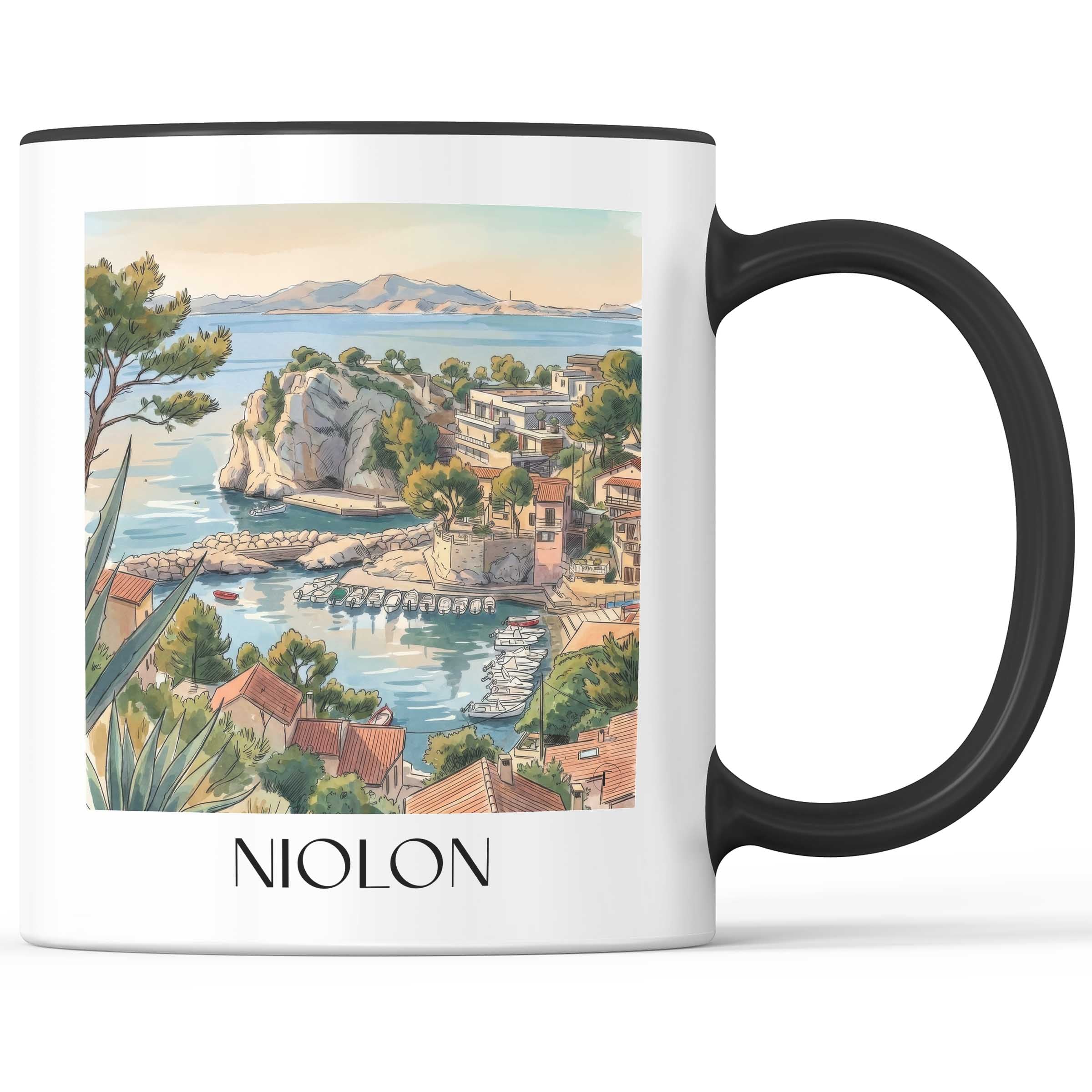Niolon Kaffeebecher - Côte Bleue - Frankreich Becher - Kaffeetasse im Aquarell Stil