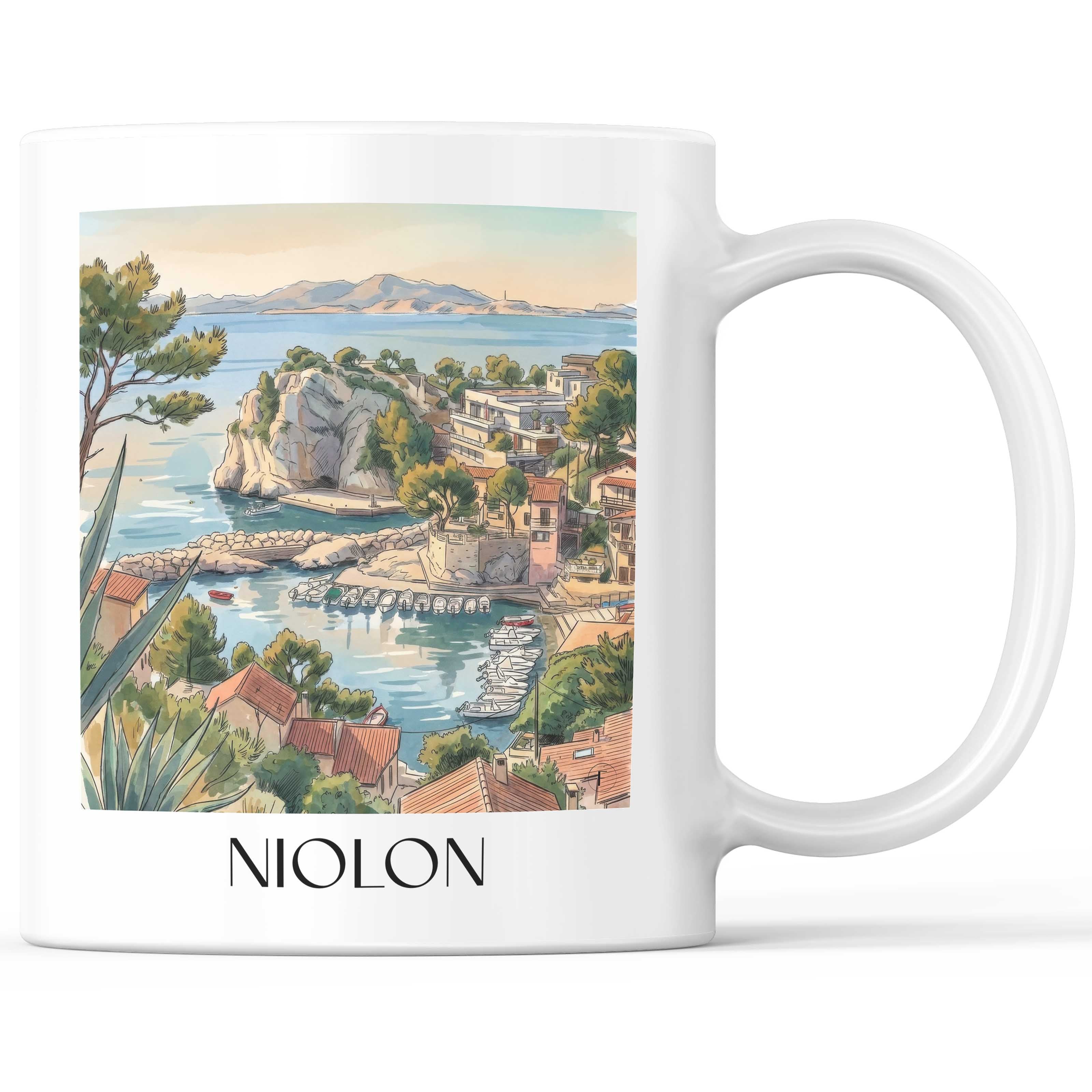 Niolon Kaffeebecher - Côte Bleue - Frankreich Becher - Kaffeetasse im Aquarell Stil