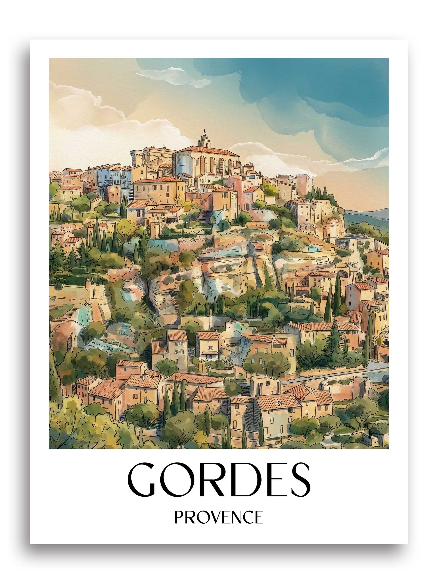 gordes-provence-frankreich-poster-aquarell