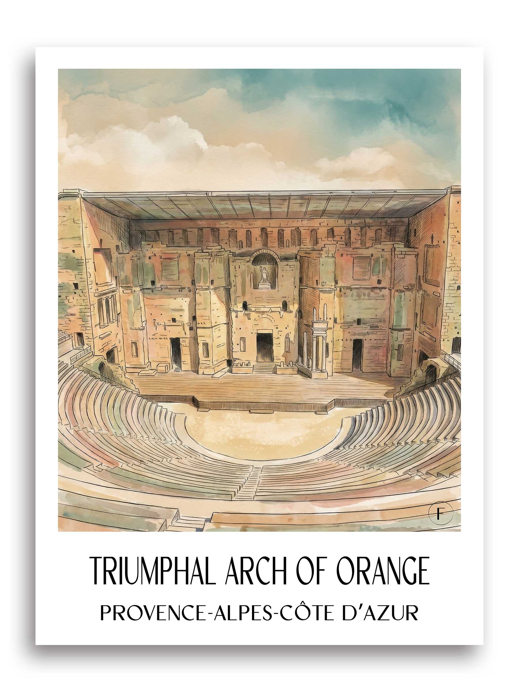 Antikes Theater Poster - Orange - Frankreich Kunstdruck - Aquarell von A4 bis A1