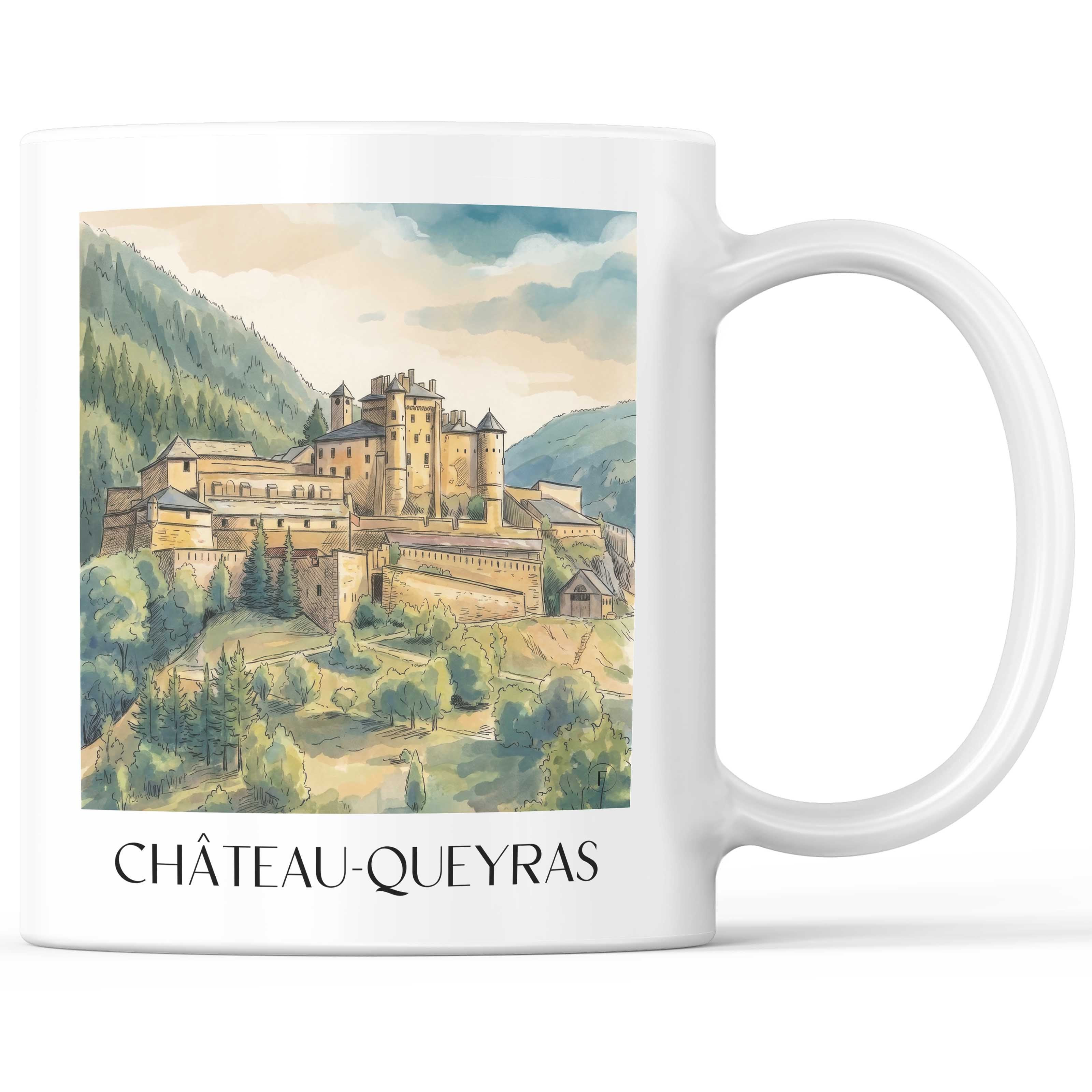 Château-Queyras Kaffeebecher - Hautes-Alpes - Frankreich Becher - Kaffeetasse im Aquarell Stil