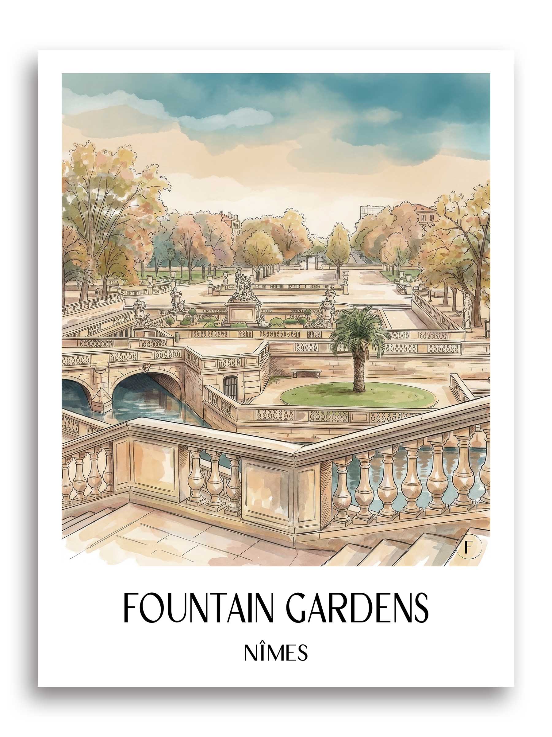 Jardins de la Fontaine Poster - Nîmes - Frankreich Kunstdruck - Aquarell von A4 bis A1
