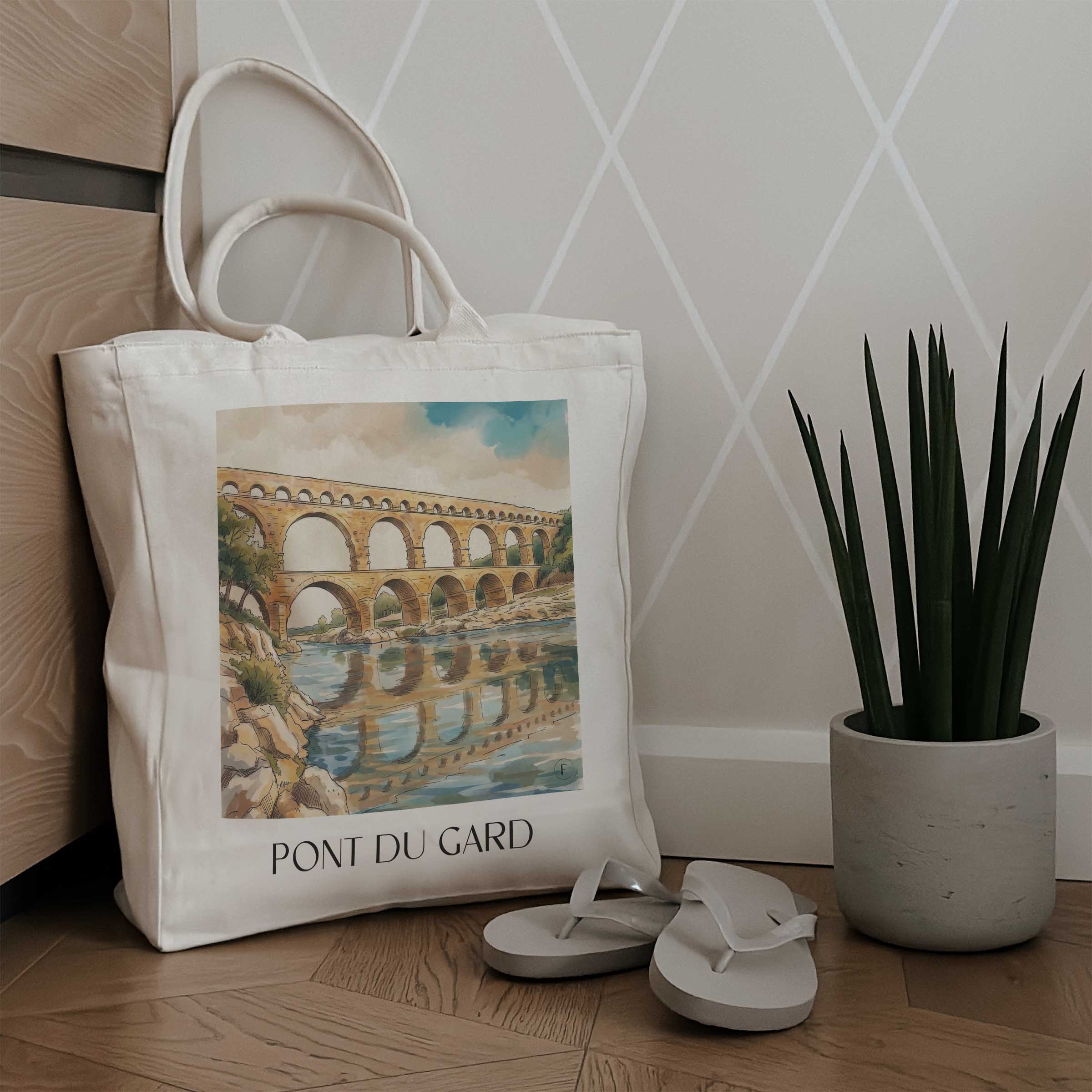pont-du-gard-nîmes-frankreich-einkaufstasche-aquarell