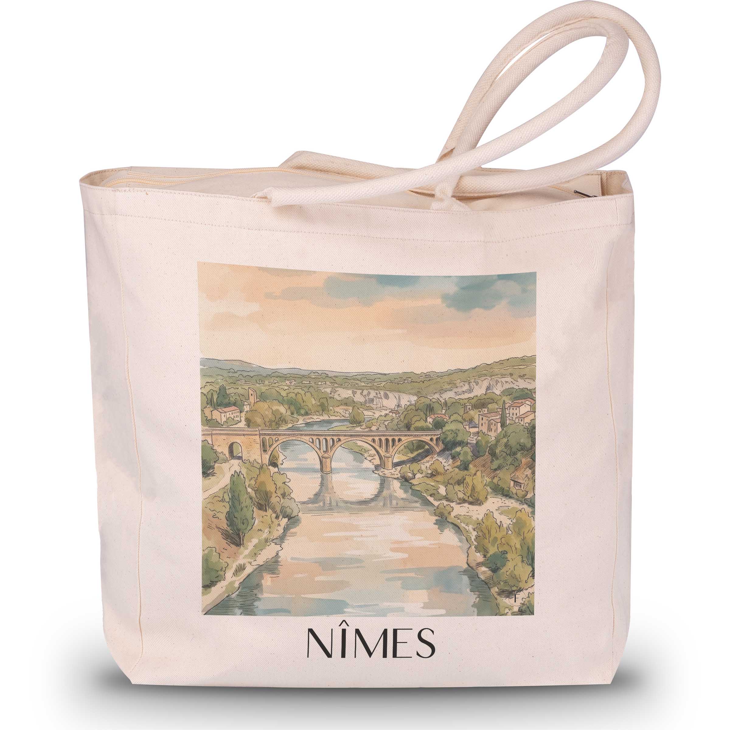 nîmes-gard-frankreich-einkaufstasche-aquarell